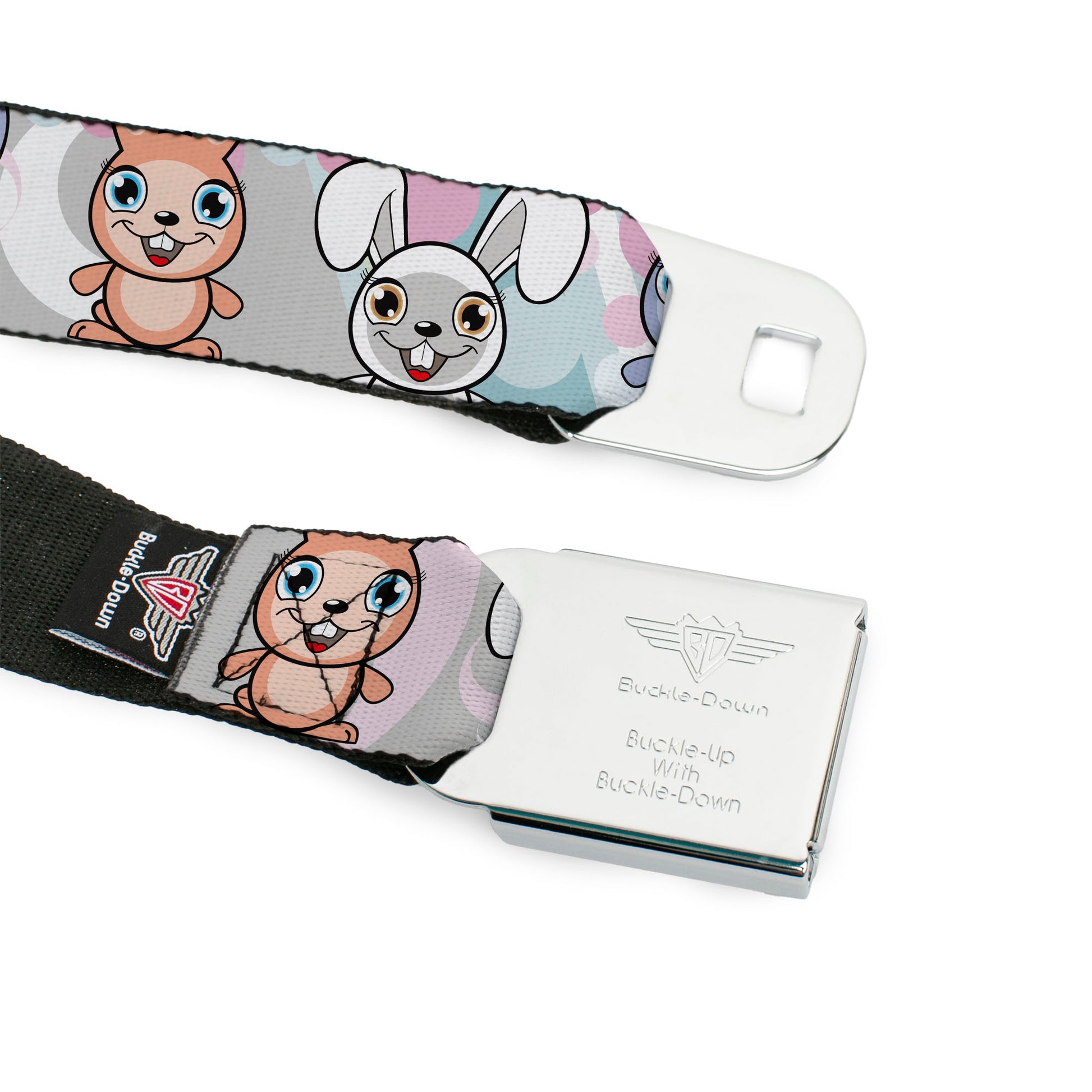 BD Wings Logo CLOSE-UP Full Color Black Silver Seatbelt Belt - Cute Bunnies Multi Pastel Webbing Seatbelt Belts Buckle-Down