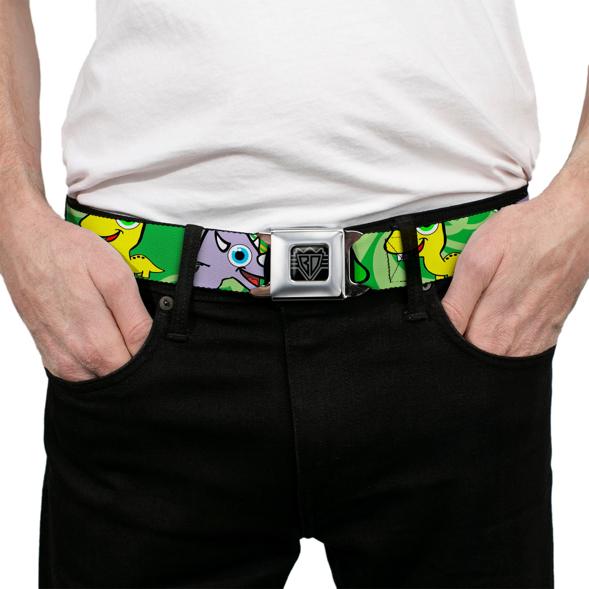 BD Wings Logo CLOSE-UP Full Color Black Silver Seatbelt Belt - Cute Dinosaurs Yellow/Green Webbing Seatbelt Belts Buckle-Down