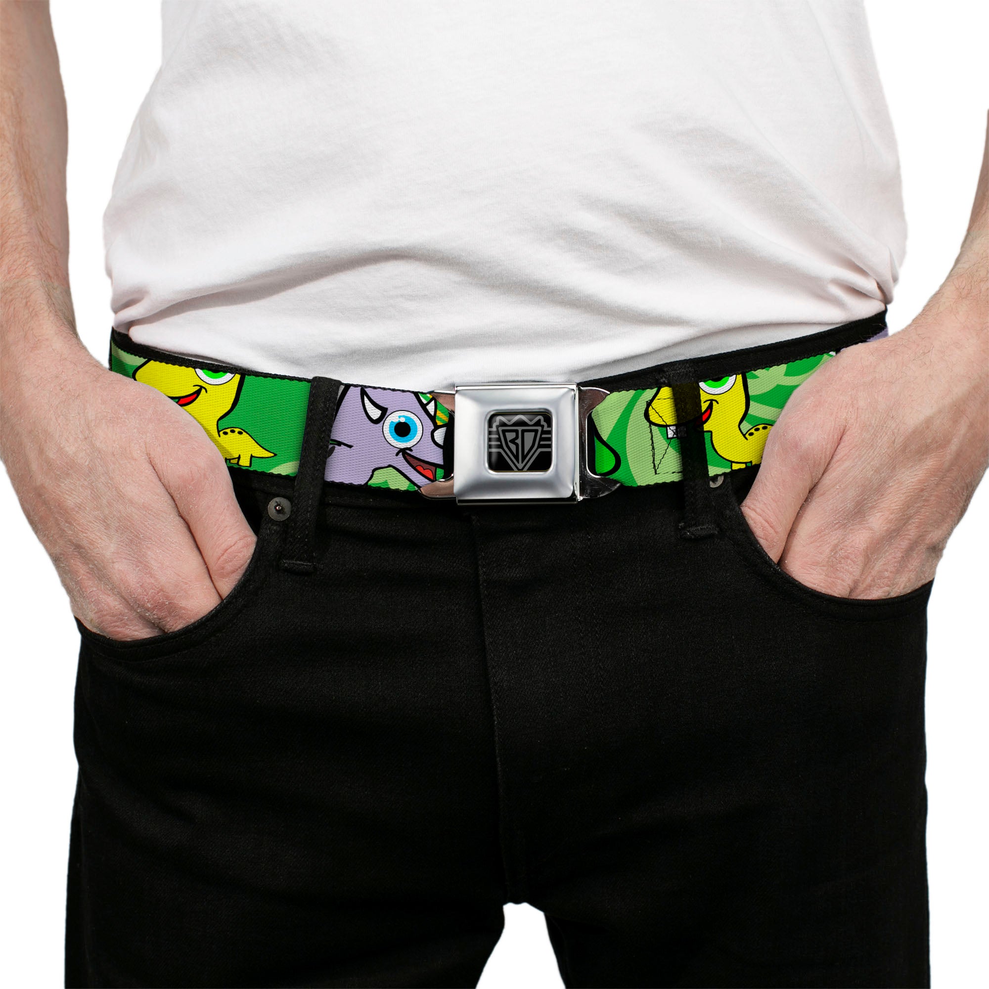BD Wings Logo CLOSE-UP Full Color Black Silver Seatbelt Belt - Cute Dinosaurs Yellow/Green Webbing Seatbelt Belts Buckle-Down