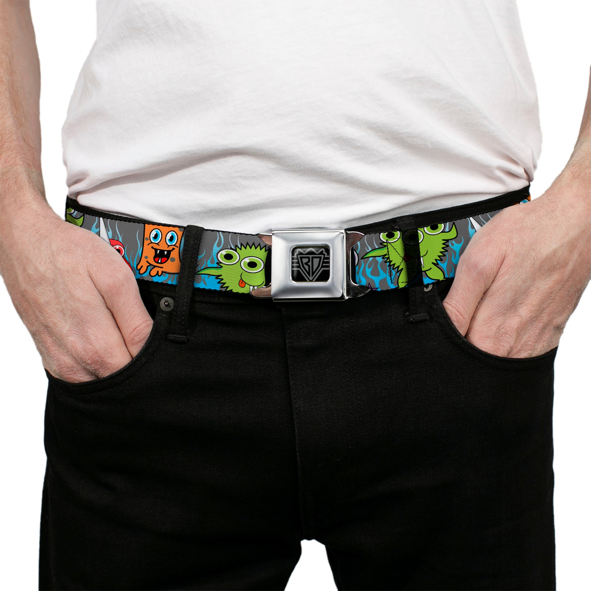BD Wings Logo CLOSE-UP Full Color Black Silver Seatbelt Belt - Cute Monsters Gray/Flame Blue Webbing Seatbelt Belts Buckle-Down