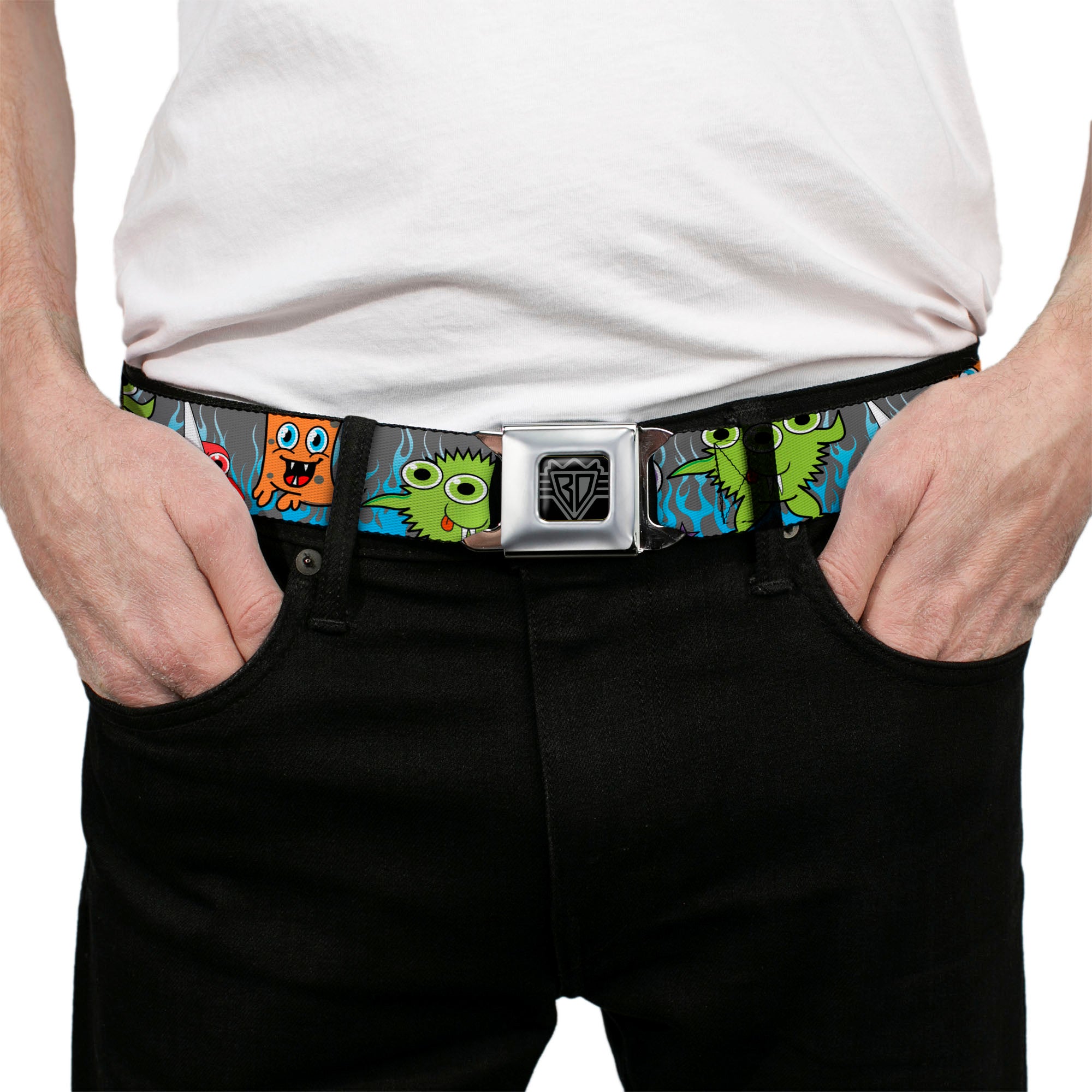 BD Wings Logo CLOSE-UP Full Color Black Silver Seatbelt Belt - Cute Monsters Gray/Flame Blue Webbing Seatbelt Belts Buckle-Down
