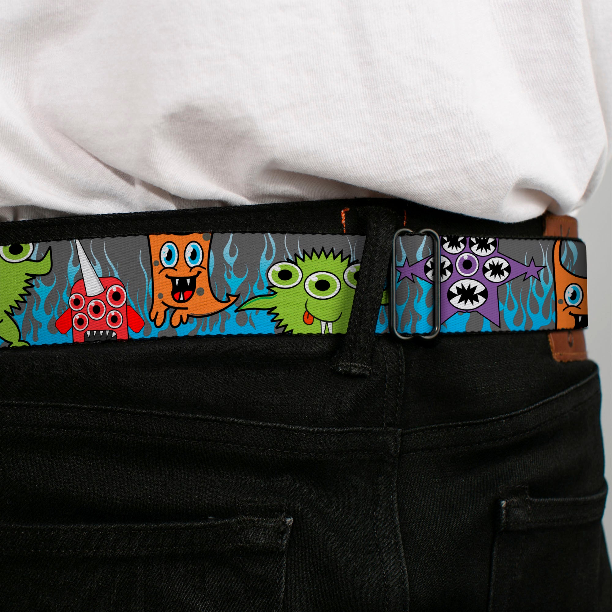 BD Wings Logo CLOSE-UP Full Color Black Silver Seatbelt Belt - Cute Monsters Gray/Flame Blue Webbing Seatbelt Belts Buckle-Down