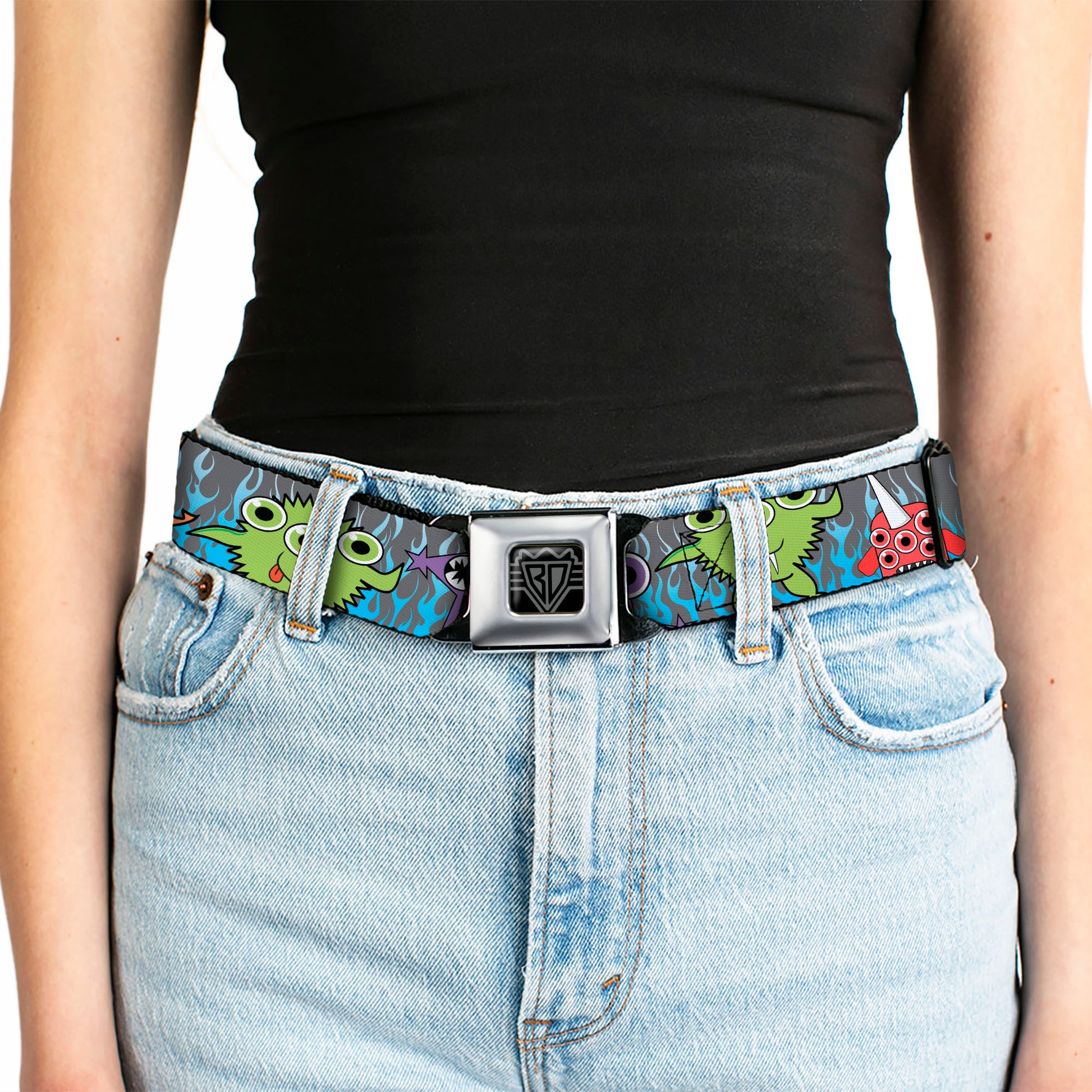 BD Wings Logo CLOSE-UP Full Color Black Silver Seatbelt Belt - Cute Monsters Gray/Flame Blue Webbing Seatbelt Belts Buckle-Down