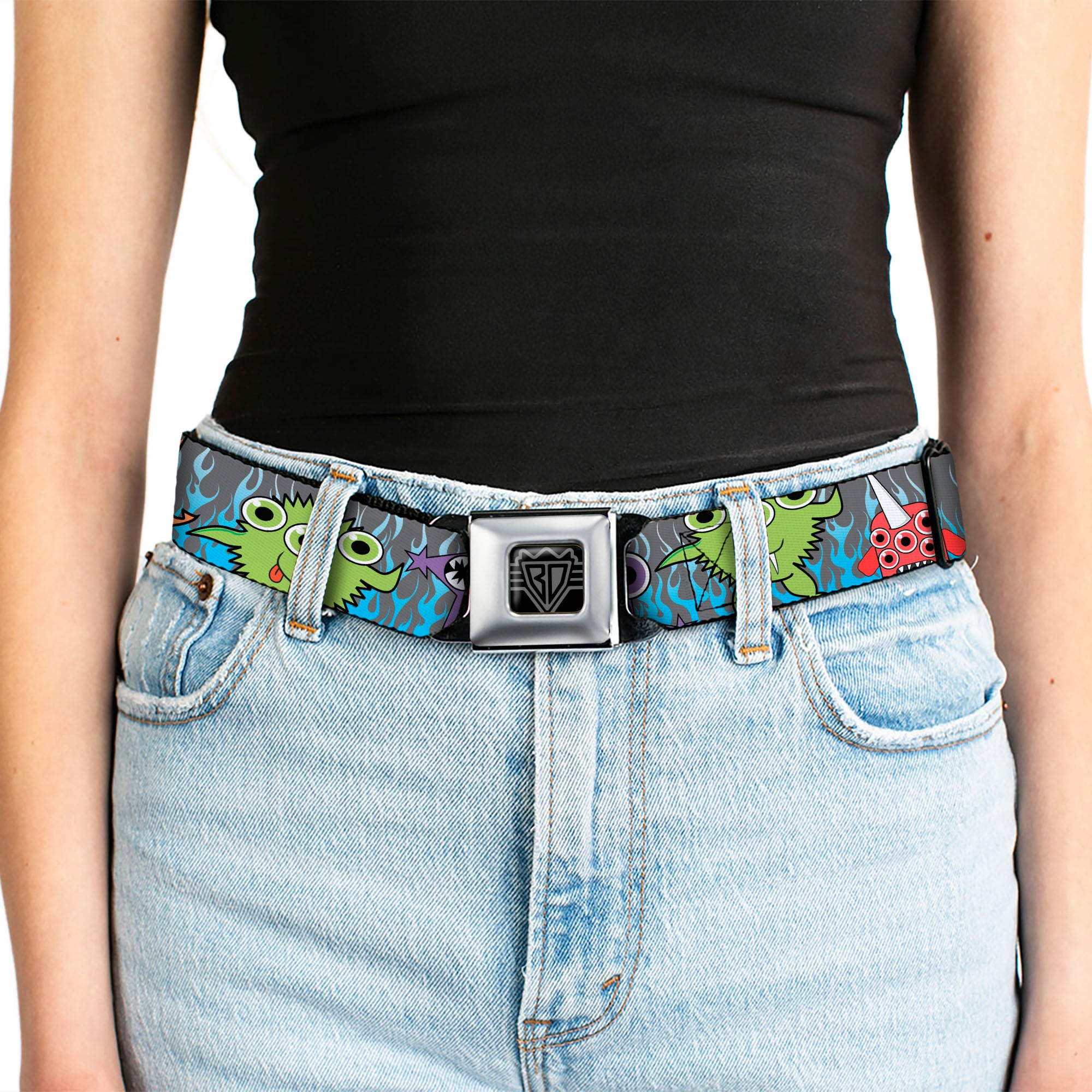BD Wings Logo CLOSE-UP Full Color Black Silver Seatbelt Belt - Cute Monsters Gray/Flame Blue Webbing Seatbelt Belts Buckle-Down