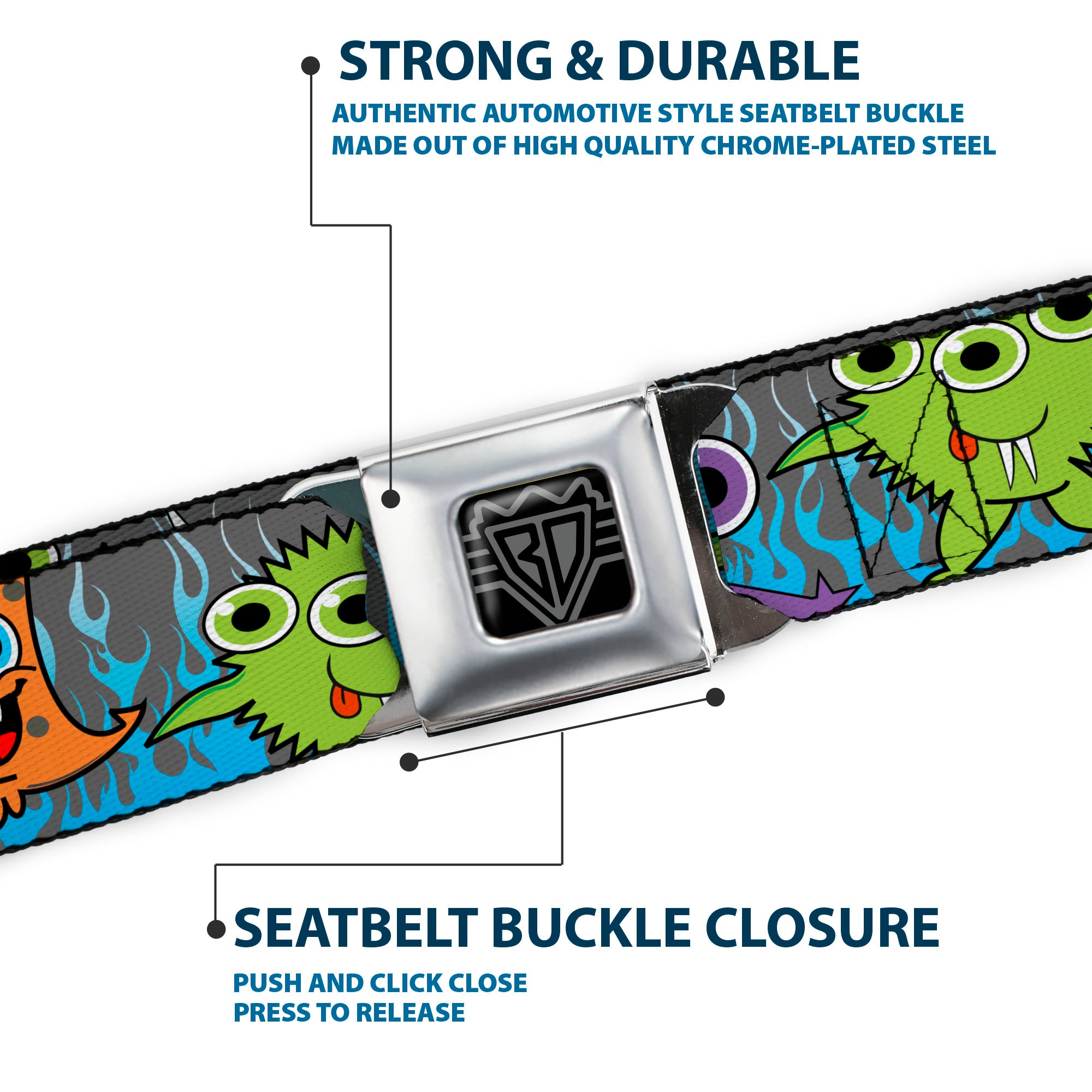 BD Wings Logo CLOSE-UP Full Color Black Silver Seatbelt Belt - Cute Monsters Gray/Flame Blue Webbing Seatbelt Belts Buckle-Down