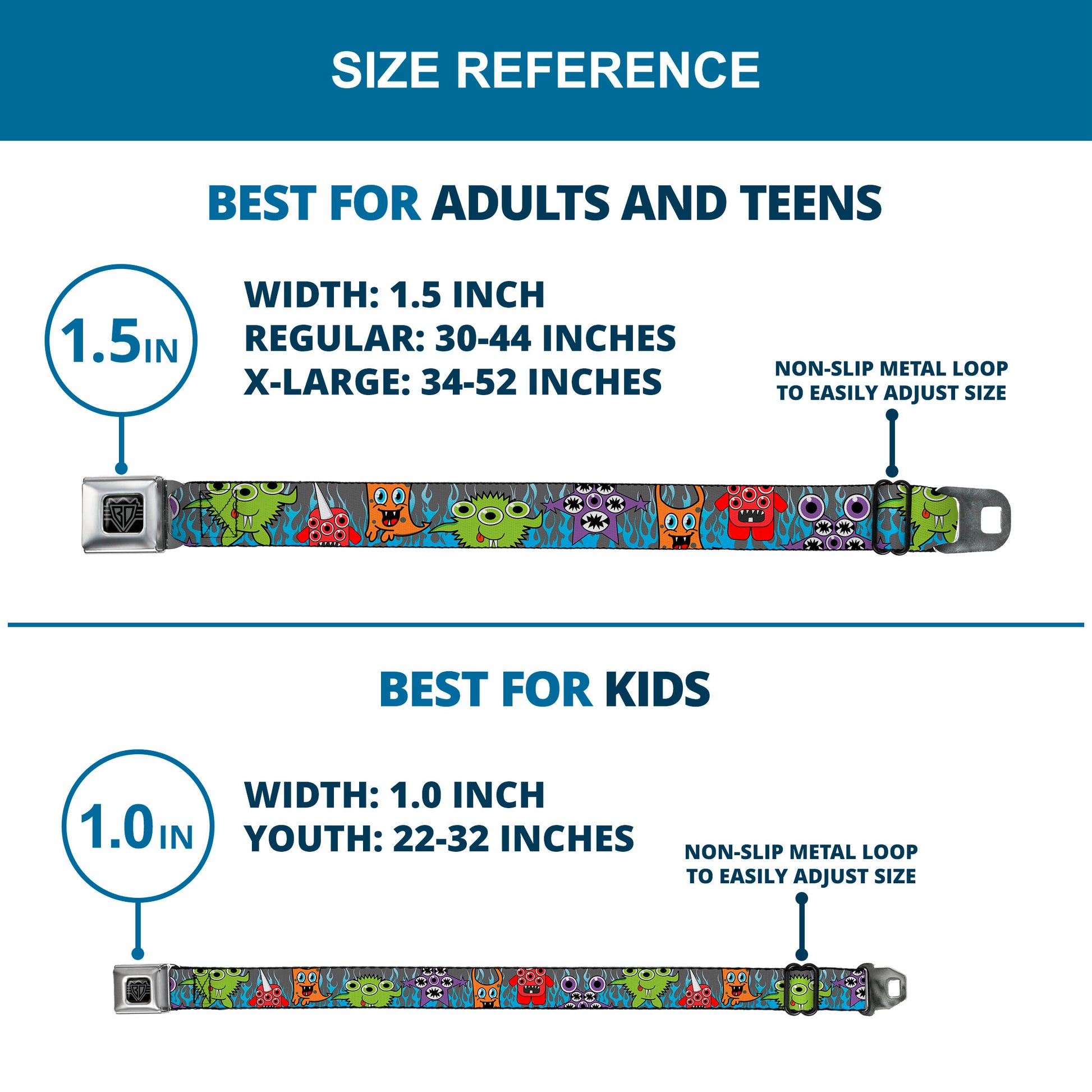 BD Wings Logo CLOSE-UP Full Color Black Silver Seatbelt Belt - Cute Monsters Gray/Flame Blue Webbing Seatbelt Belts Buckle-Down