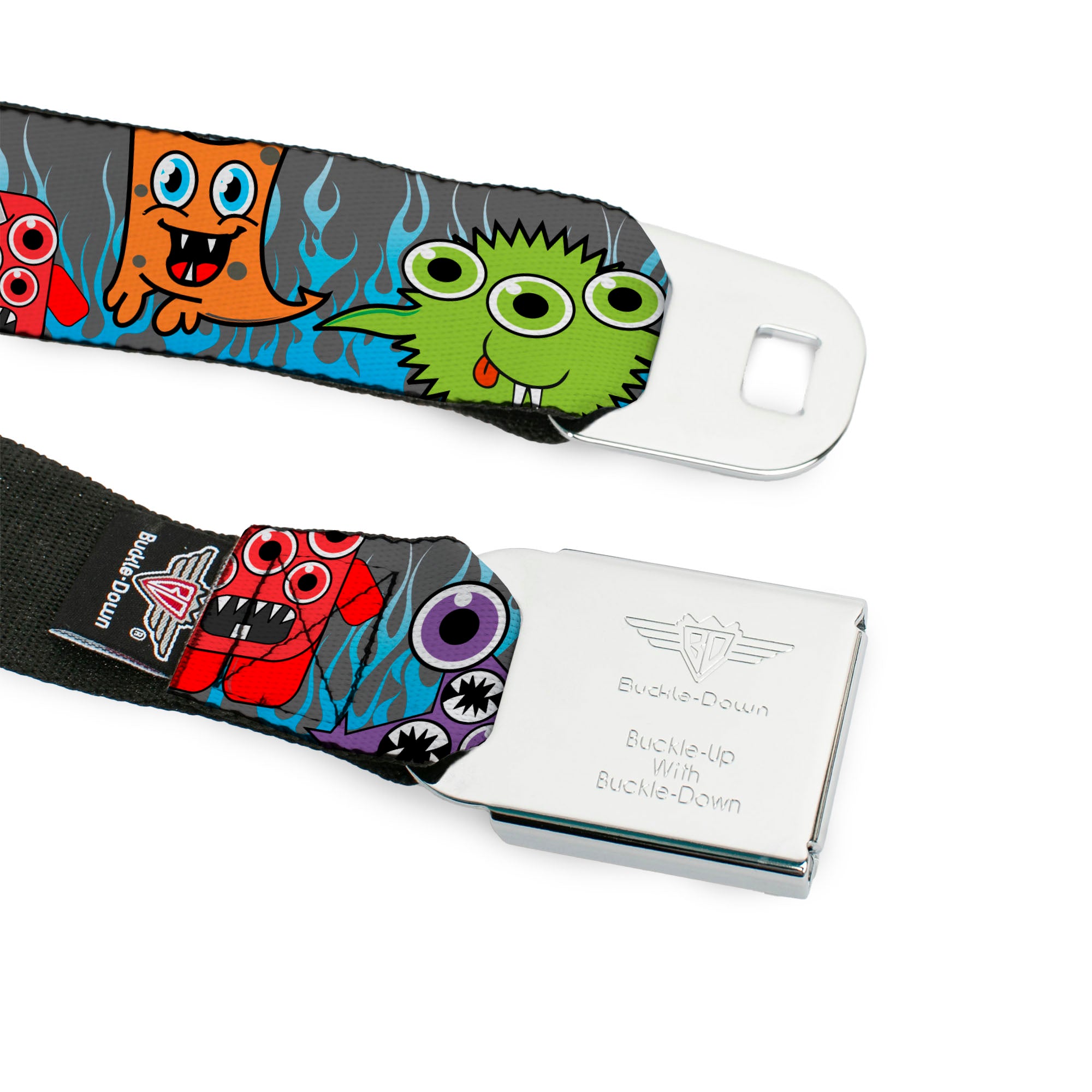 BD Wings Logo CLOSE-UP Full Color Black Silver Seatbelt Belt - Cute Monsters Gray/Flame Blue Webbing Seatbelt Belts Buckle-Down
