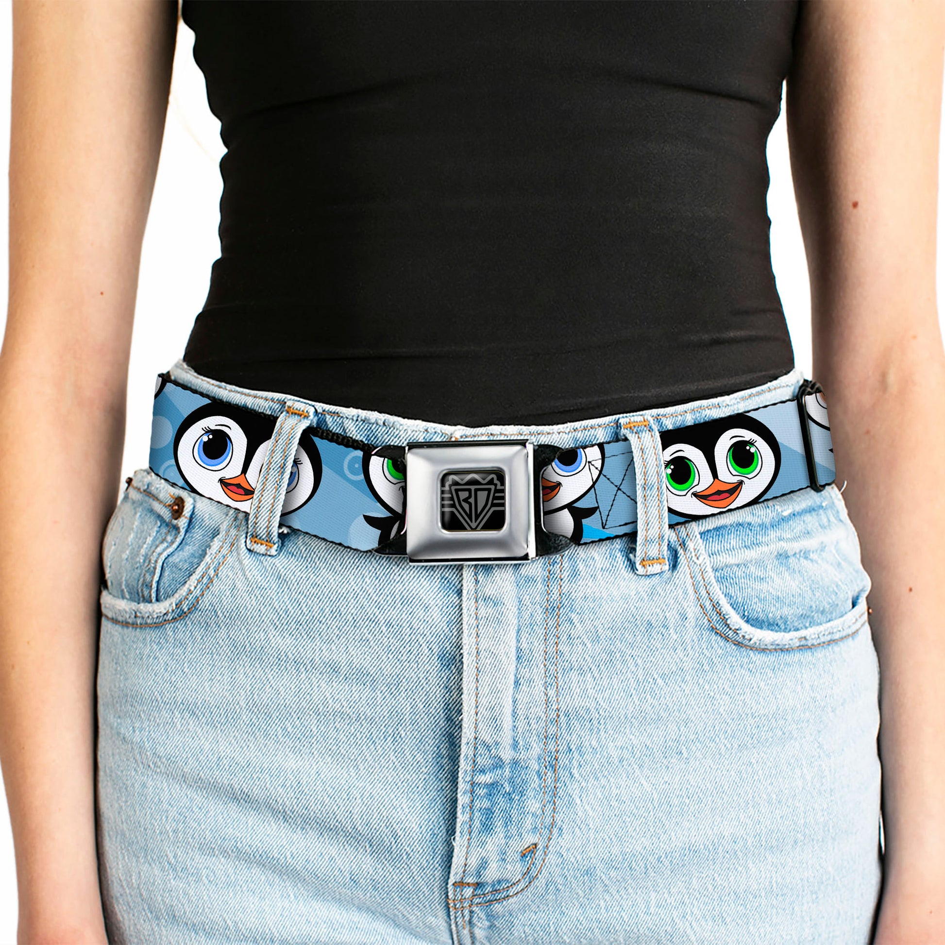 BD Wings Logo CLOSE-UP Full Color Black Silver Seatbelt Belt - Cute Penguins Blue Bubbles Webbing Seatbelt Belts Buckle-Down