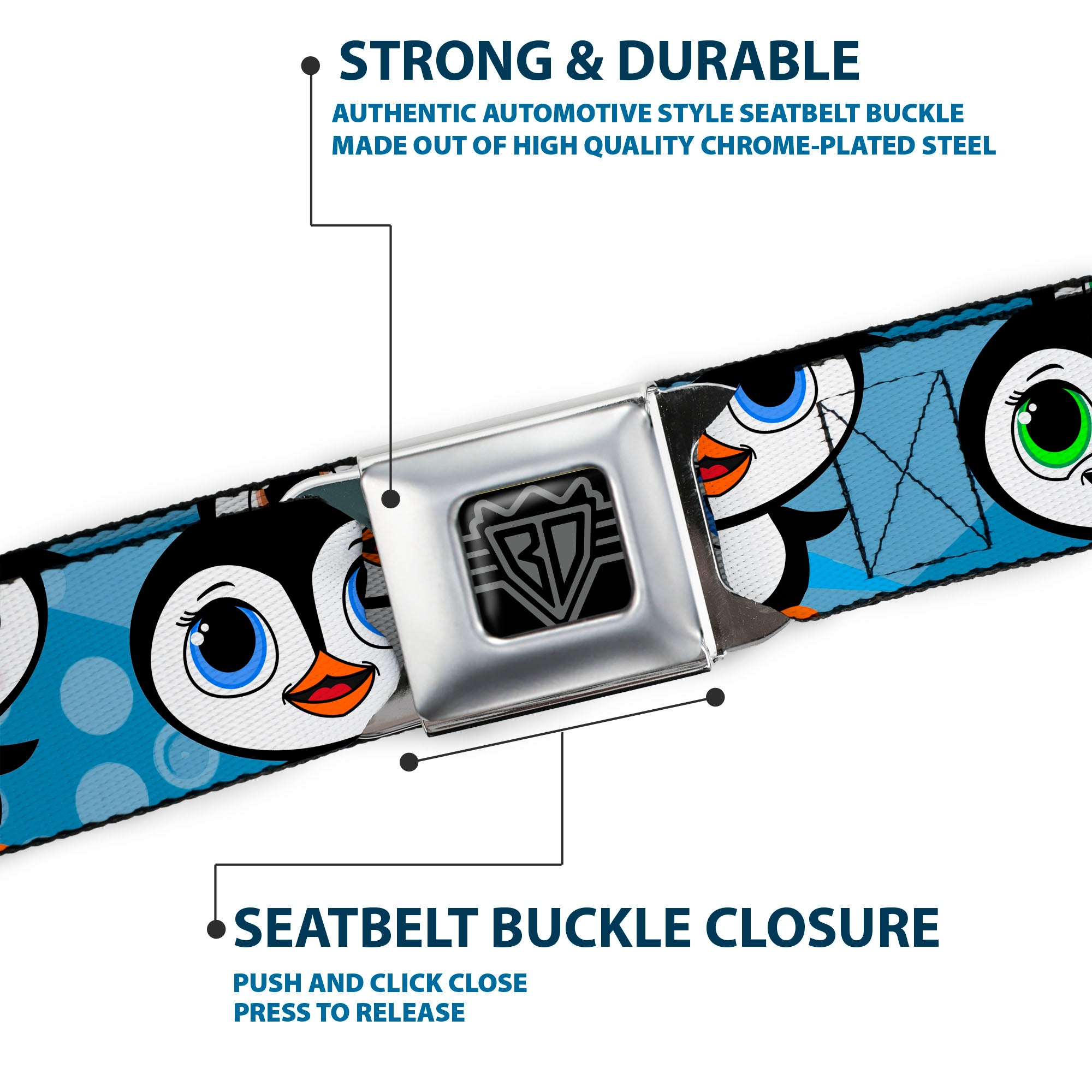 BD Wings Logo CLOSE-UP Full Color Black Silver Seatbelt Belt - Cute Penguins Blue Bubbles Webbing Seatbelt Belts Buckle-Down