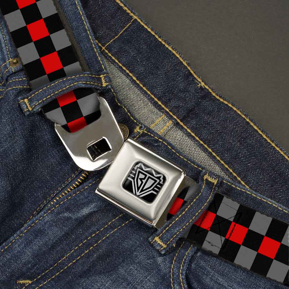 BD Wings Logo CLOSE-UP Full Color Black Silver Seatbelt Belt - Checker Black/Gray/1 Red Webbing Seatbelt Belts Buckle-Down