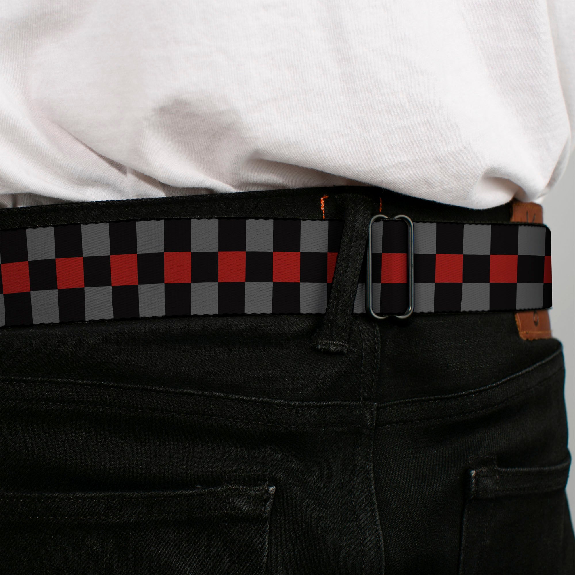 BD Wings Logo CLOSE-UP Full Color Black Silver Seatbelt Belt - Checker Black/Gray/1 Red Webbing Seatbelt Belts Buckle-Down