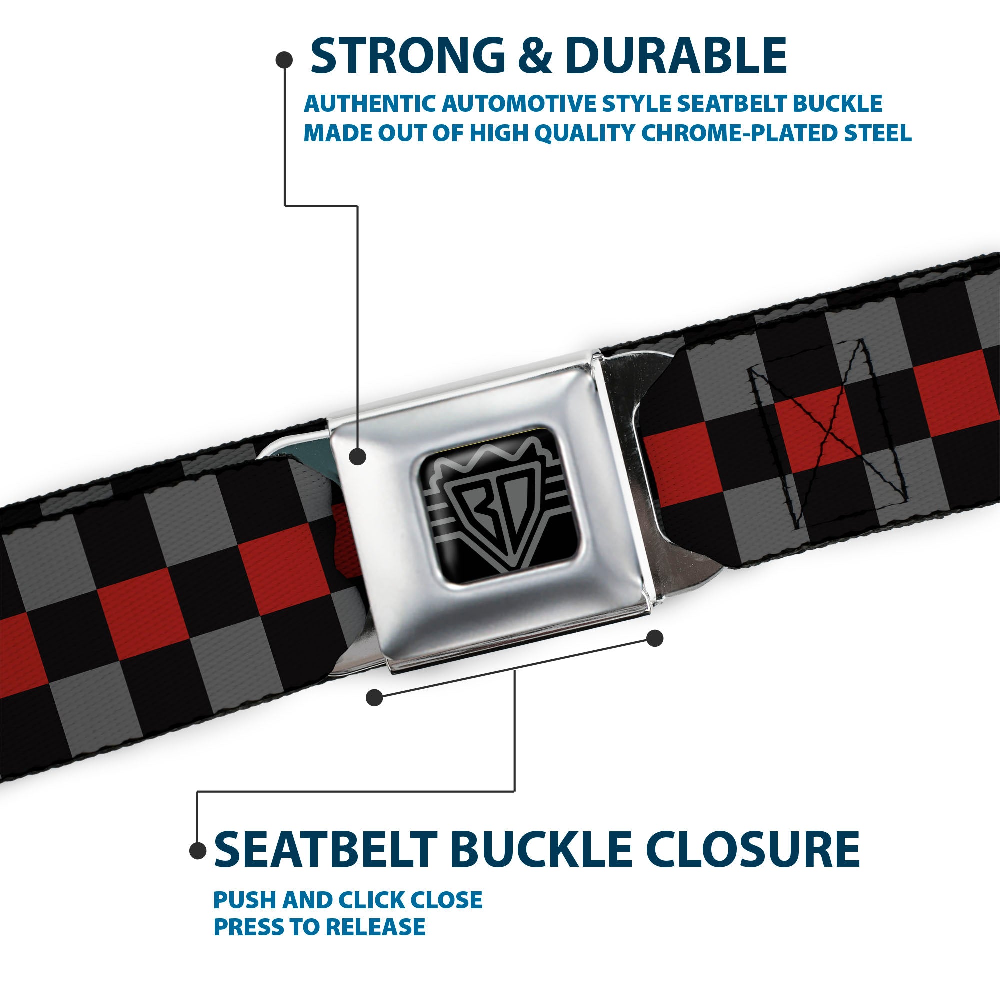 BD Wings Logo CLOSE-UP Full Color Black Silver Seatbelt Belt - Checker Black/Gray/1 Red Webbing Seatbelt Belts Buckle-Down