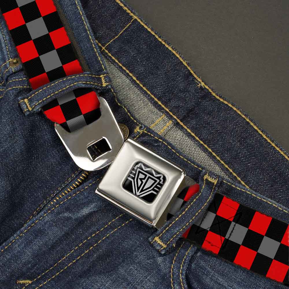 BD Wings Logo CLOSE-UP Full Color Black Silver Seatbelt Belt - Checker Black/Gray/2 Red Webbing Seatbelt Belts Buckle-Down