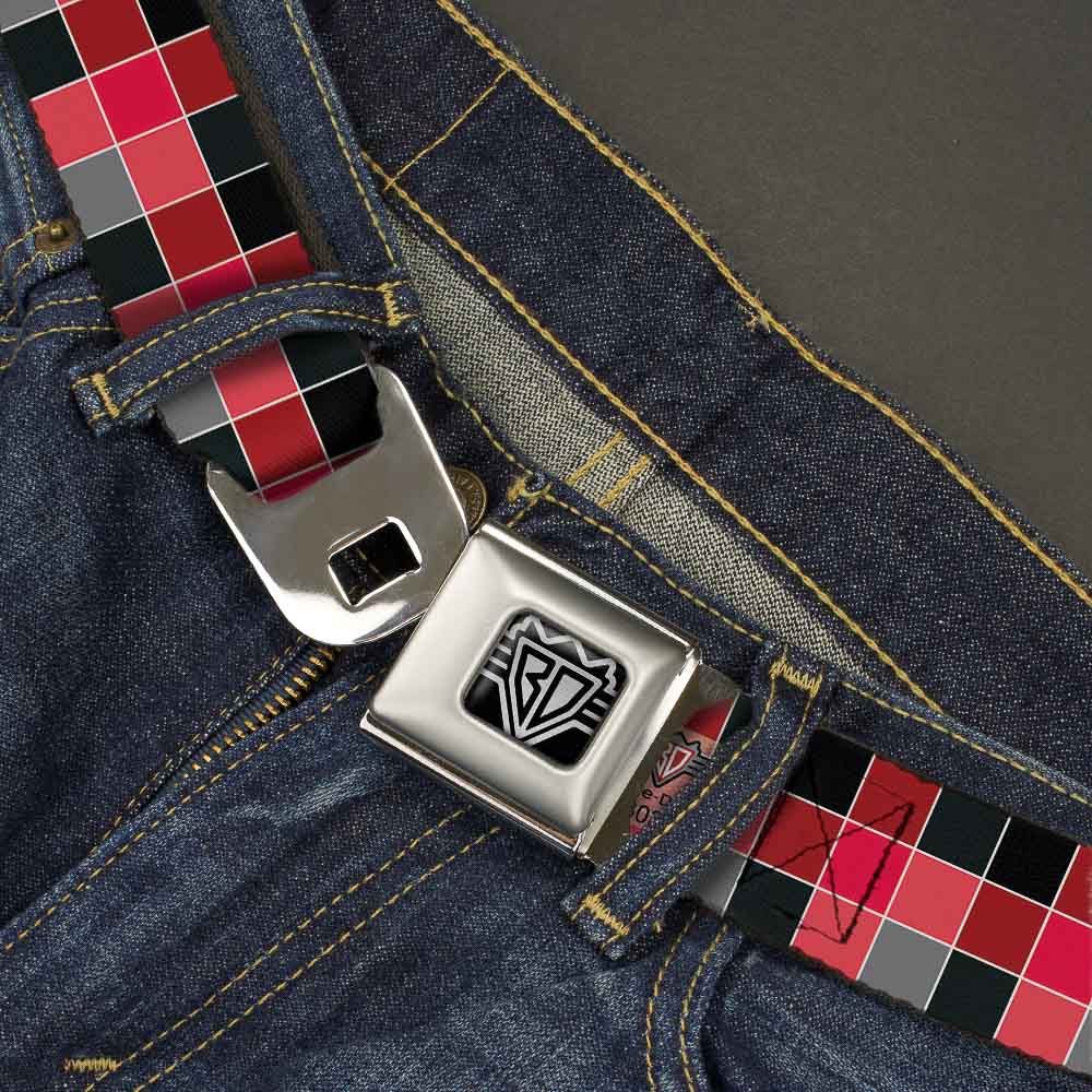 BD Wings Logo CLOSE-UP Full Color Black Silver Seatbelt Belt - Checker Mosaic Red Webbing Seatbelt Belts Buckle-Down