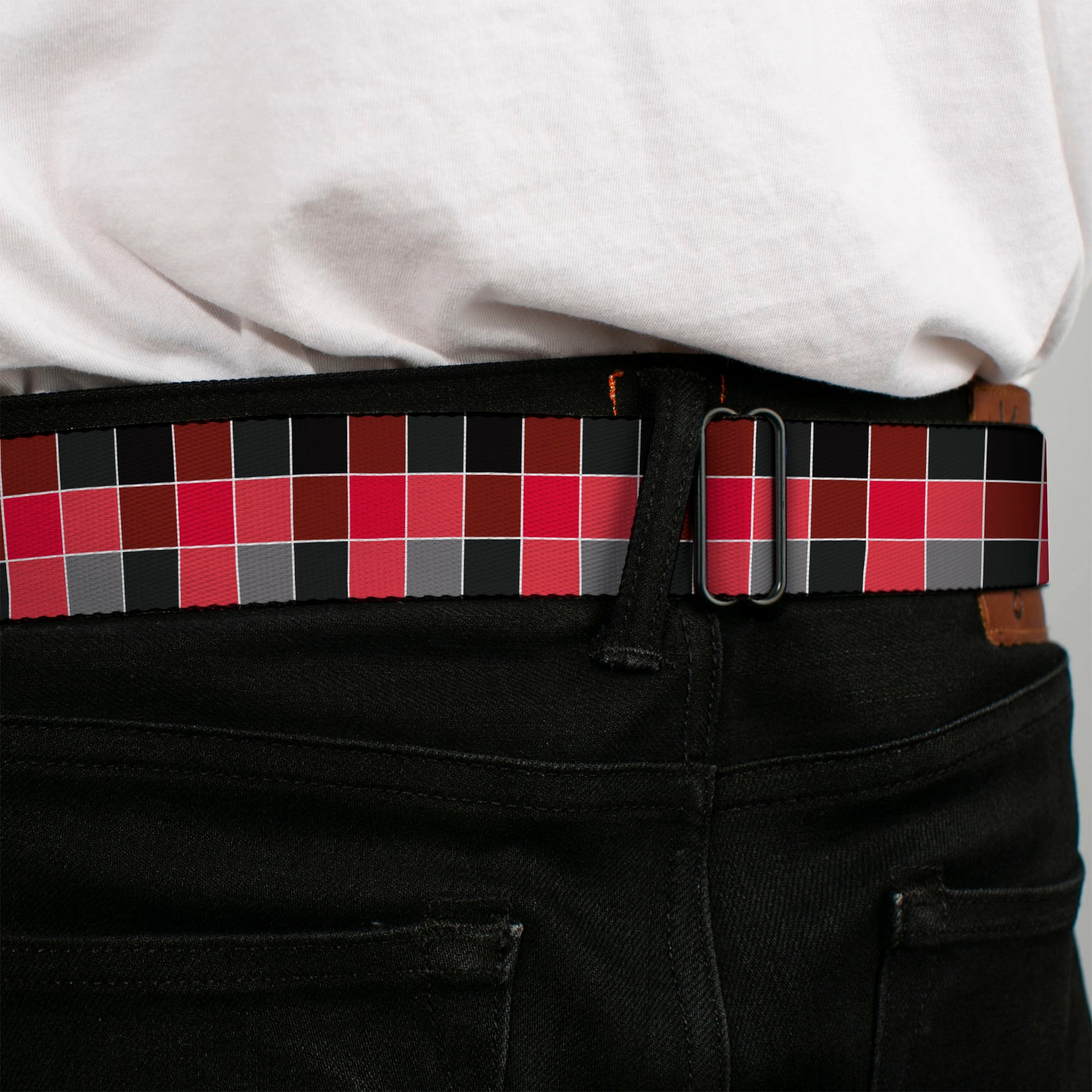 BD Wings Logo CLOSE-UP Full Color Black Silver Seatbelt Belt - Checker Mosaic Red Webbing Seatbelt Belts Buckle-Down