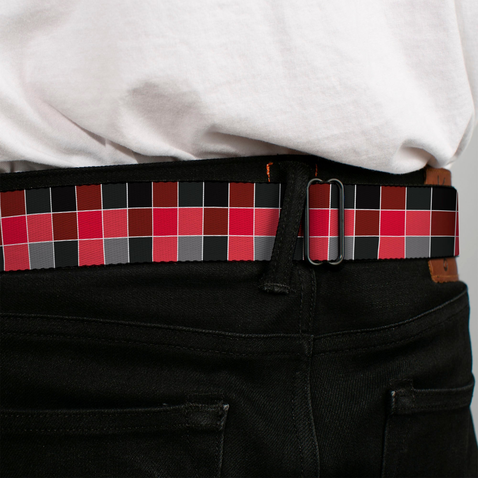 BD Wings Logo CLOSE-UP Full Color Black Silver Seatbelt Belt - Checker Mosaic Red Webbing Seatbelt Belts Buckle-Down