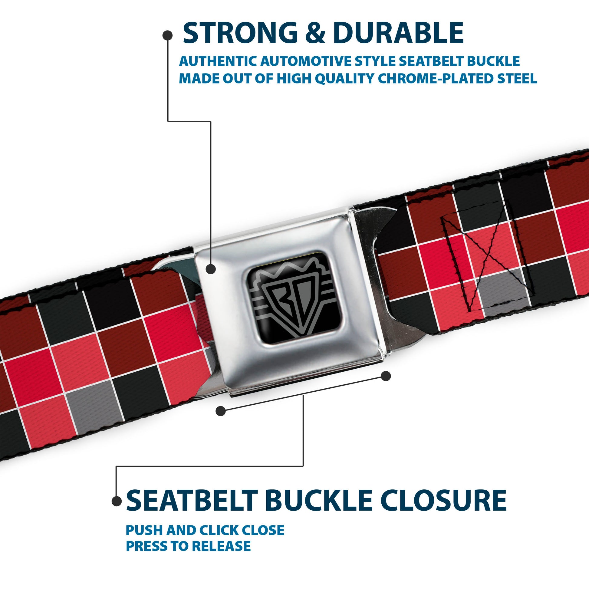 BD Wings Logo CLOSE-UP Full Color Black Silver Seatbelt Belt - Checker Mosaic Red Webbing Seatbelt Belts Buckle-Down