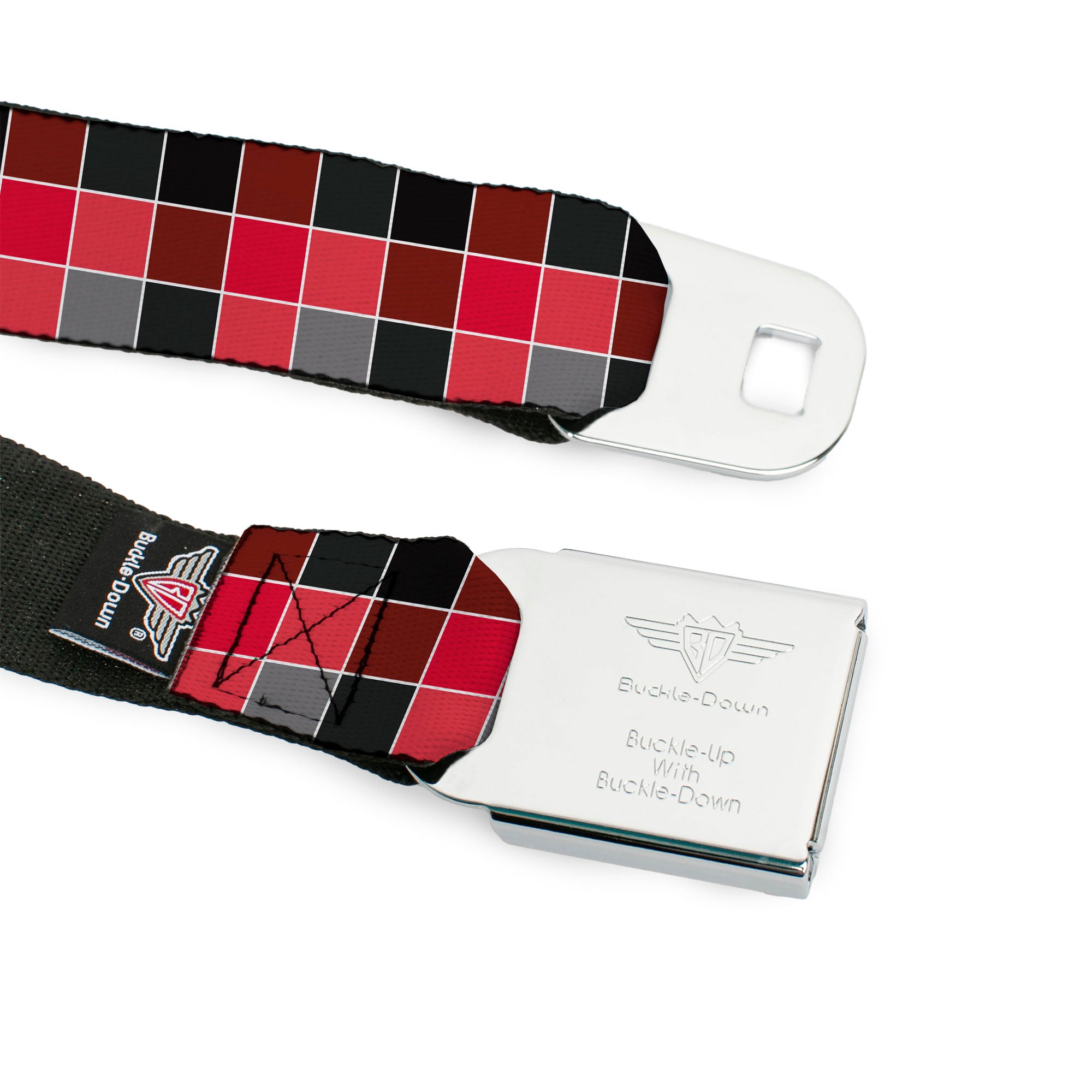 BD Wings Logo CLOSE-UP Full Color Black Silver Seatbelt Belt - Checker Mosaic Red Webbing Seatbelt Belts Buckle-Down