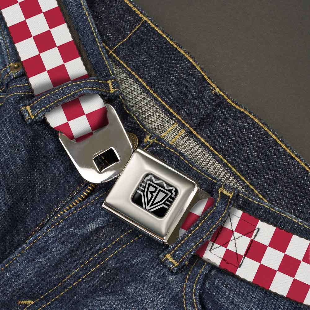 BD Wings Logo CLOSE-UP Full Color Black Silver Seatbelt Belt - Checker Crimson/White Webbing Seatbelt Belts Buckle-Down