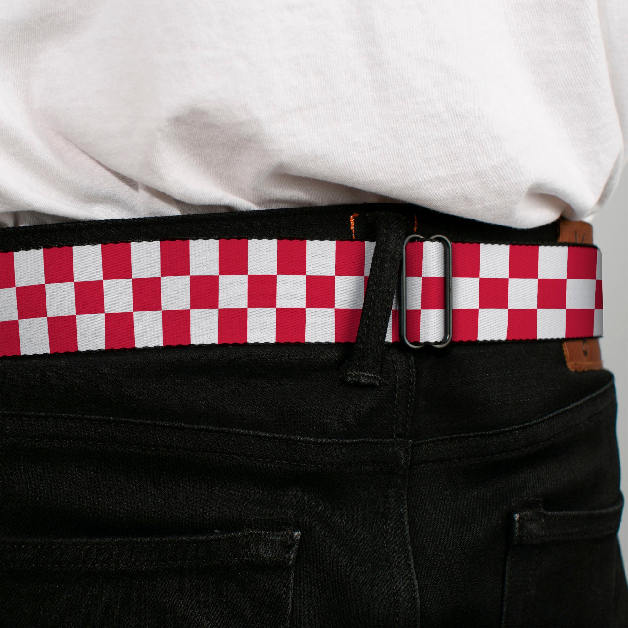 BD Wings Logo CLOSE-UP Full Color Black Silver Seatbelt Belt - Checker Crimson/White Webbing Seatbelt Belts Buckle-Down