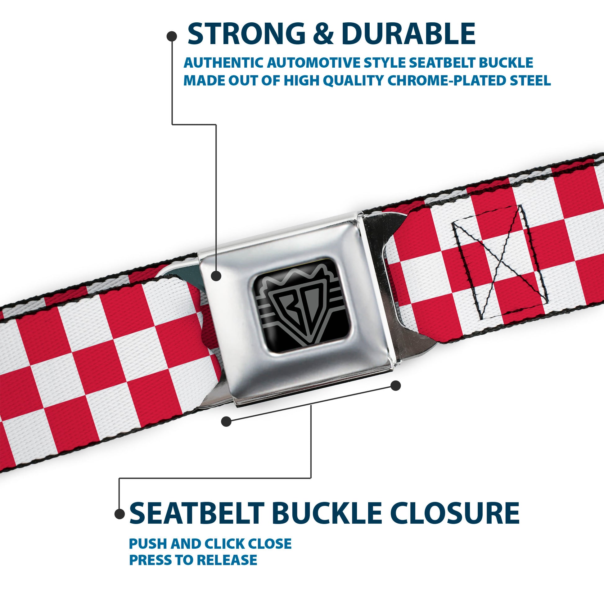 BD Wings Logo CLOSE-UP Full Color Black Silver Seatbelt Belt - Checker Crimson/White Webbing Seatbelt Belts Buckle-Down