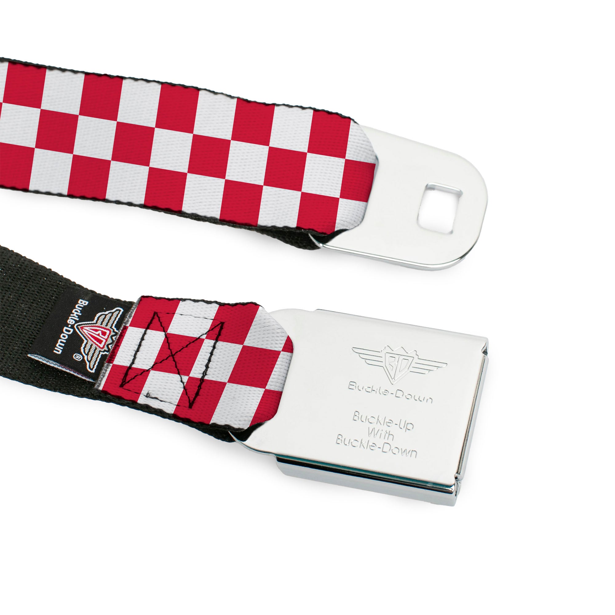 BD Wings Logo CLOSE-UP Full Color Black Silver Seatbelt Belt - Checker Crimson/White Webbing Seatbelt Belts Buckle-Down
