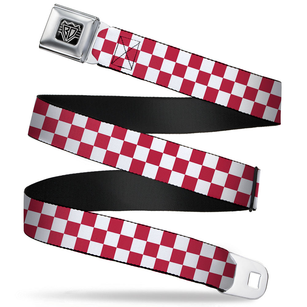 BD Wings Logo CLOSE-UP Full Color Black Silver Seatbelt Belt - Checker Crimson/White Webbing Seatbelt Belts Buckle-Down