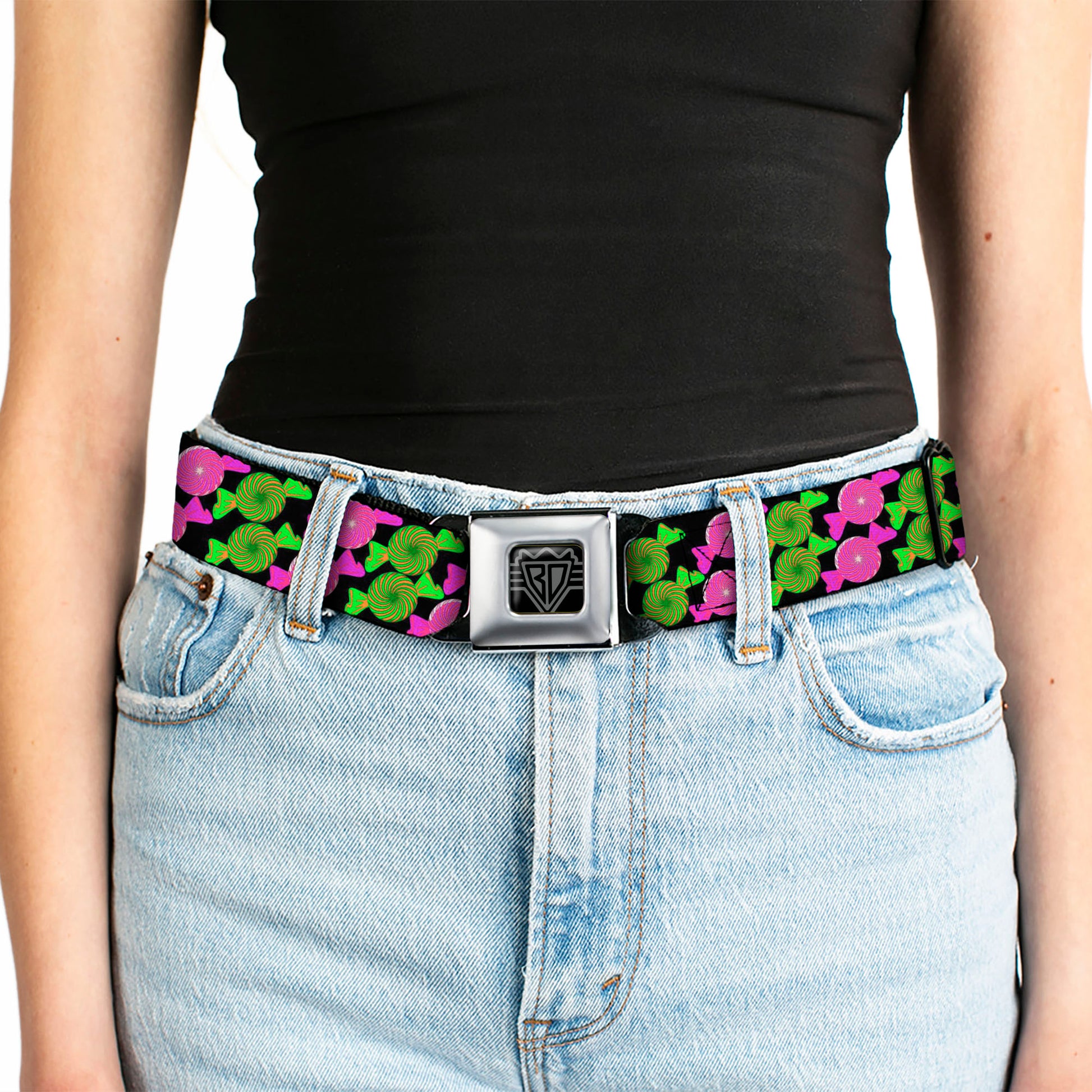 BD Wings Logo CLOSE-UP Full Color Black Silver Seatbelt Belt - Candies Webbing Seatbelt Belts Buckle-Down