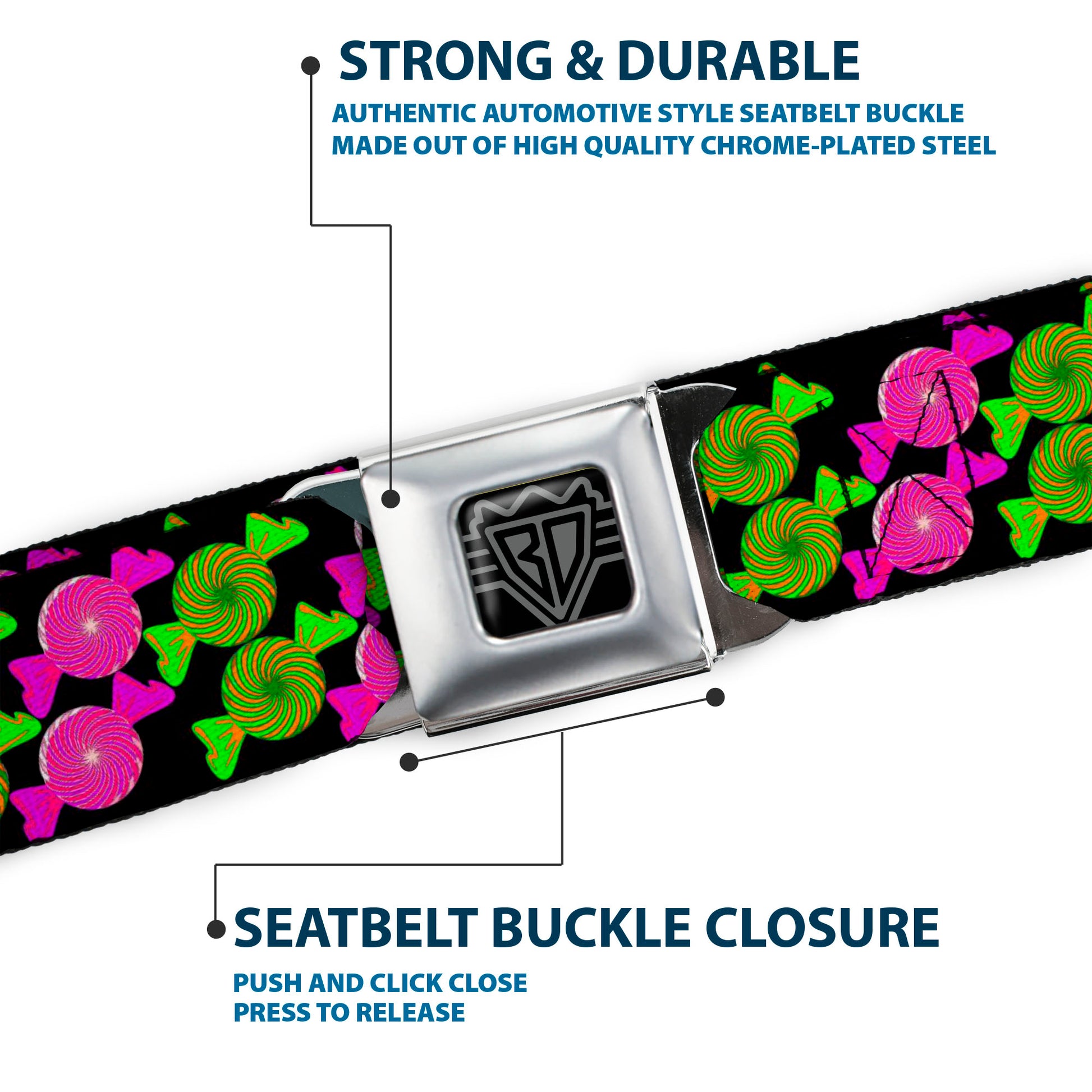 BD Wings Logo CLOSE-UP Full Color Black Silver Seatbelt Belt - Candies Webbing Seatbelt Belts Buckle-Down