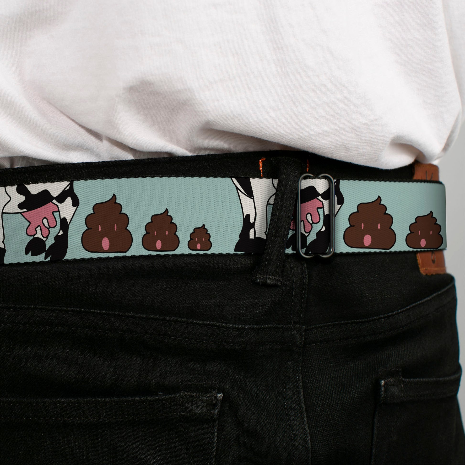 BD Wings Logo CLOSE-UP Full Color Black Silver Seatbelt Belt - Cow Poops Color Webbing Seatbelt Belts Buckle-Down