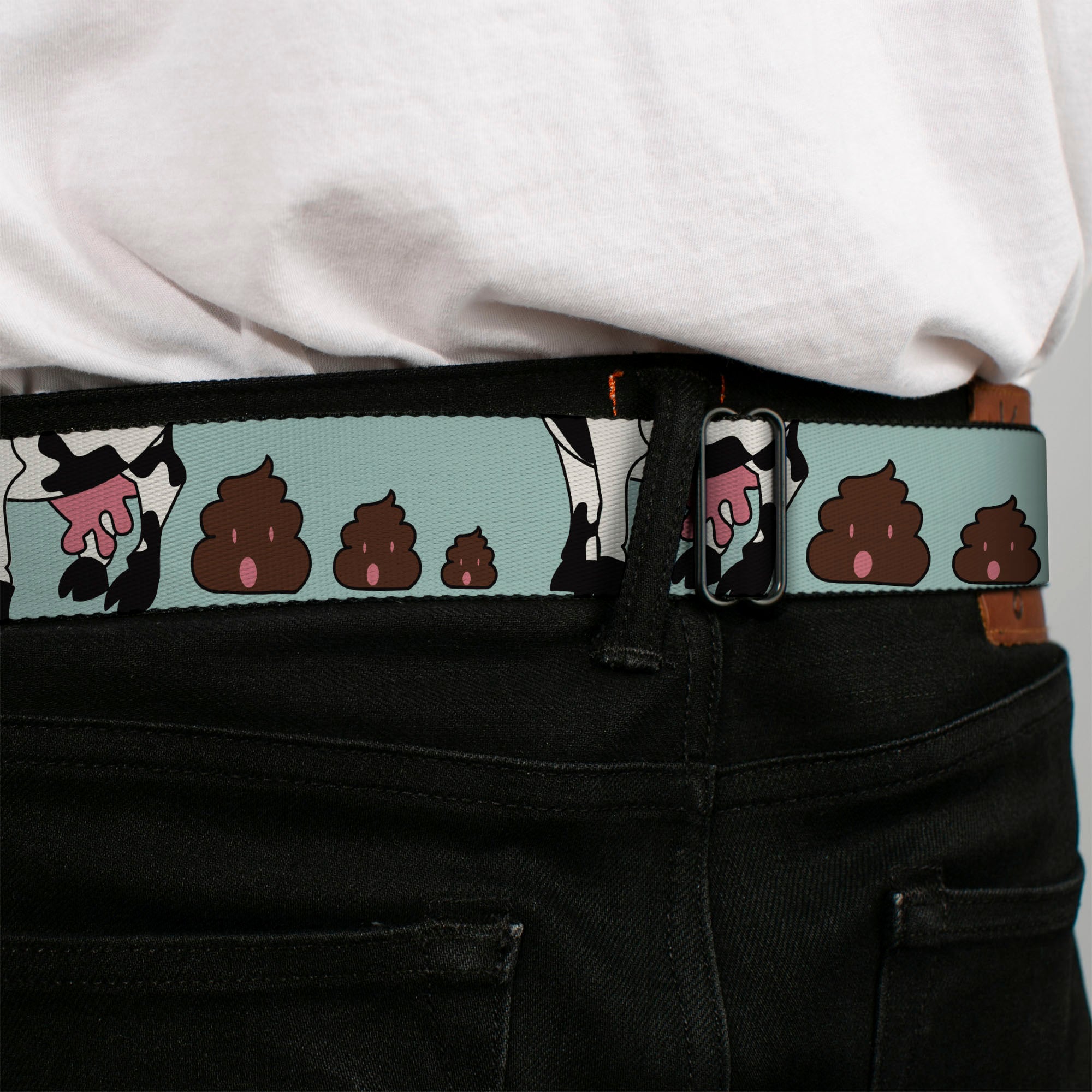 BD Wings Logo CLOSE-UP Full Color Black Silver Seatbelt Belt - Cow Poops Color Webbing Seatbelt Belts Buckle-Down