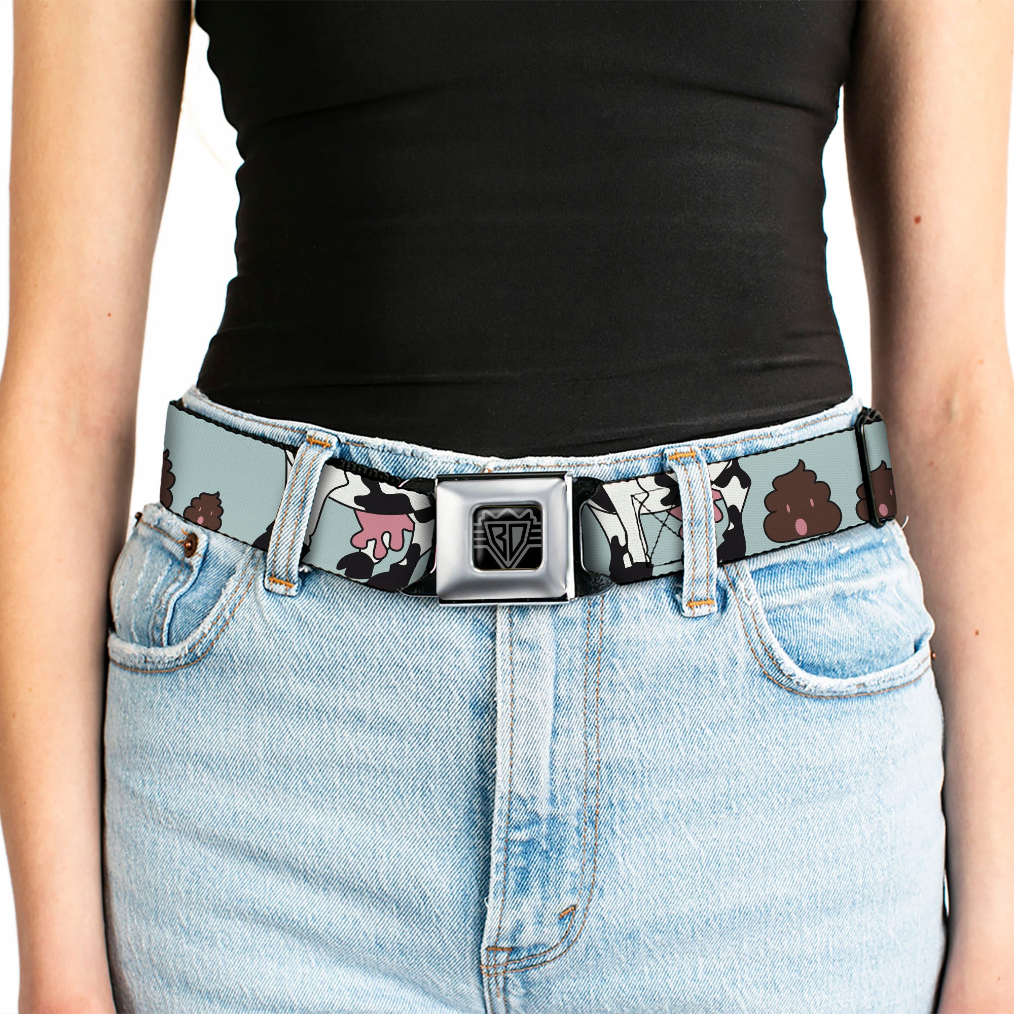 BD Wings Logo CLOSE-UP Full Color Black Silver Seatbelt Belt - Cow Poops Color Webbing Seatbelt Belts Buckle-Down