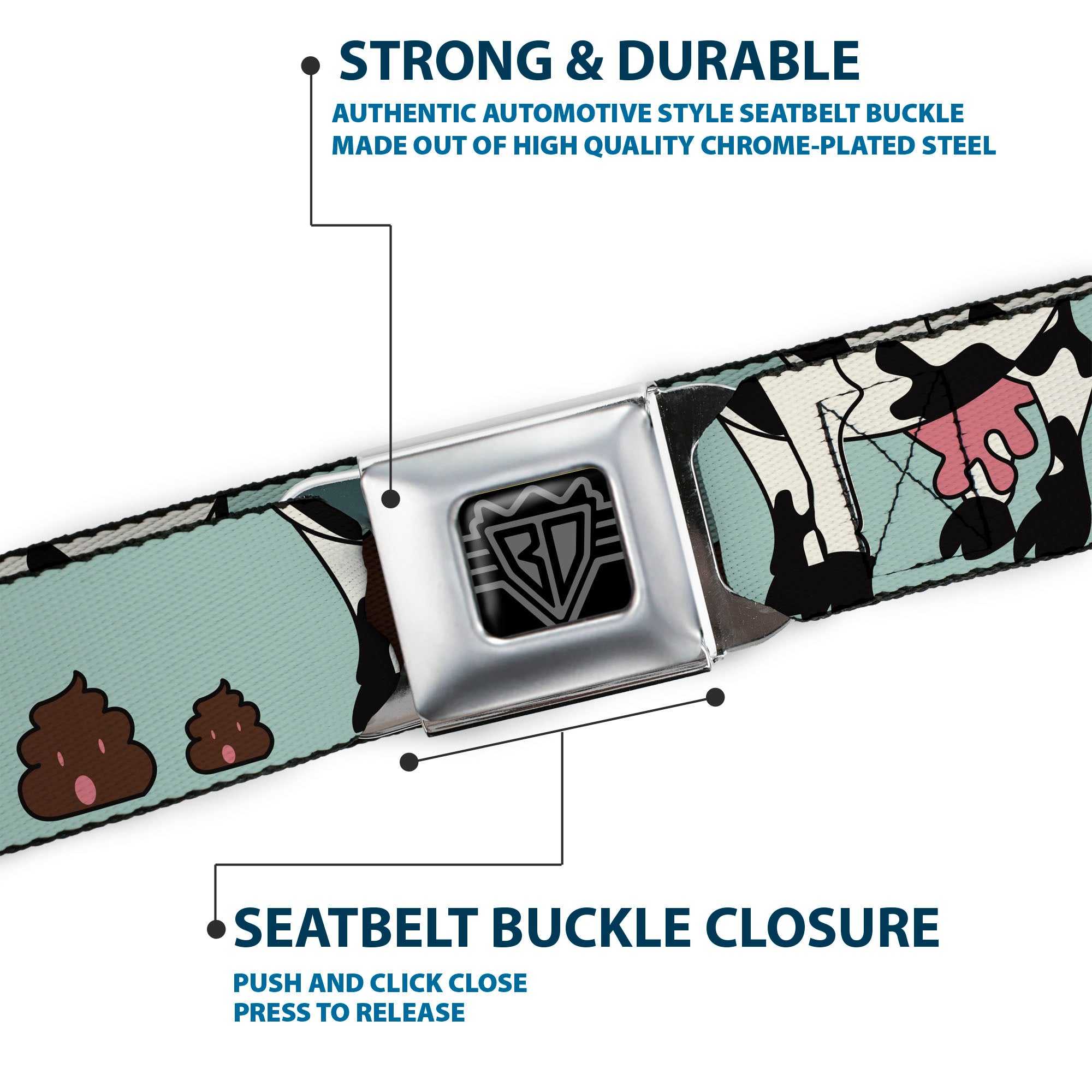 BD Wings Logo CLOSE-UP Full Color Black Silver Seatbelt Belt - Cow Poops Color Webbing Seatbelt Belts Buckle-Down