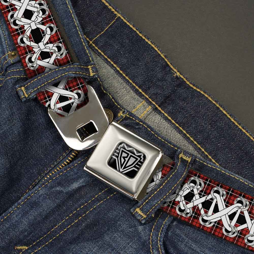 BD Wings Logo CLOSE-UP Full Color Black Silver Seatbelt Belt - Corset Lace Up Red Plaid/Black Webbing Seatbelt Belts Buckle-Down
