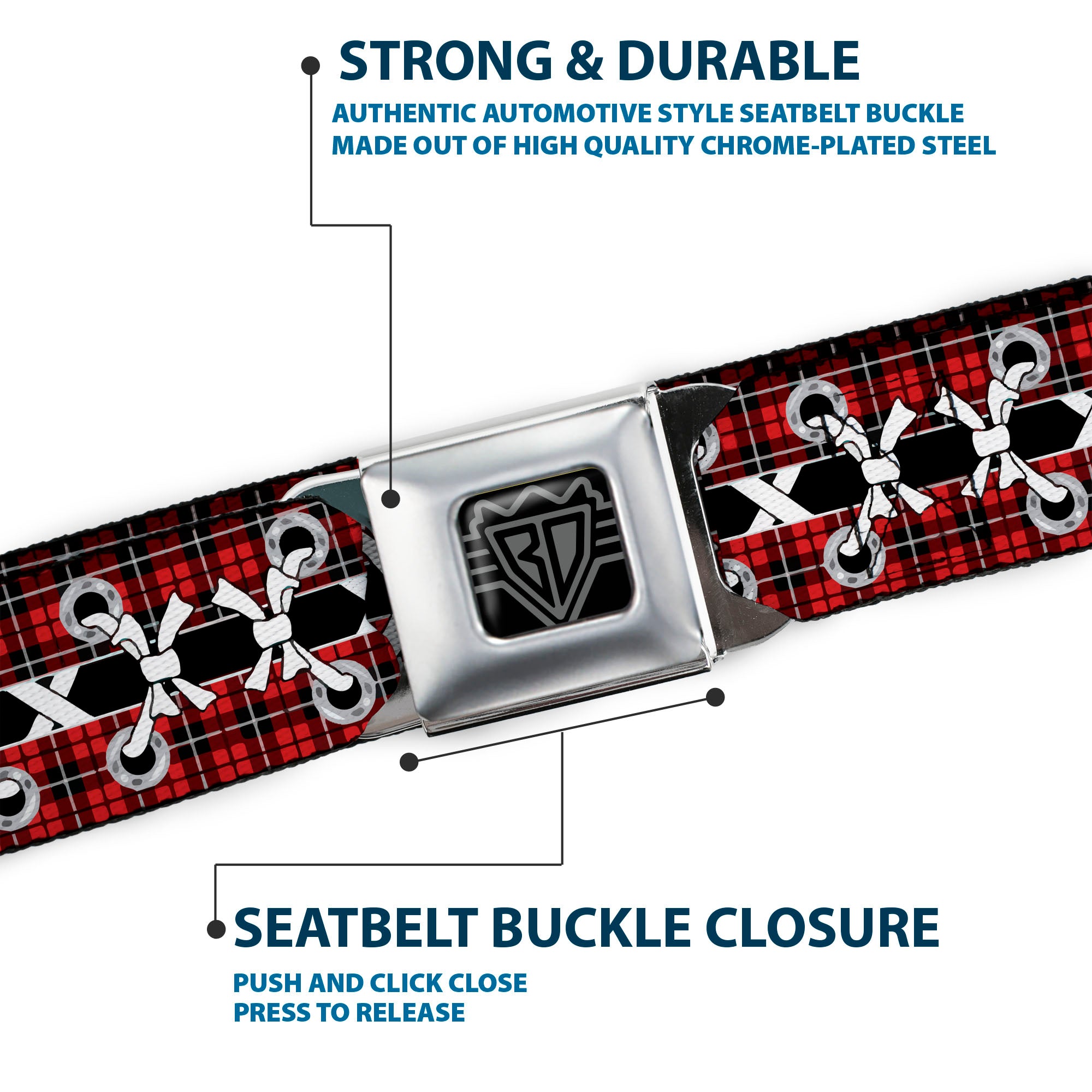 BD Wings Logo CLOSE-UP Full Color Black Silver Seatbelt Belt - Corset Lace Up Red Plaid/Black Webbing Seatbelt Belts Buckle-Down