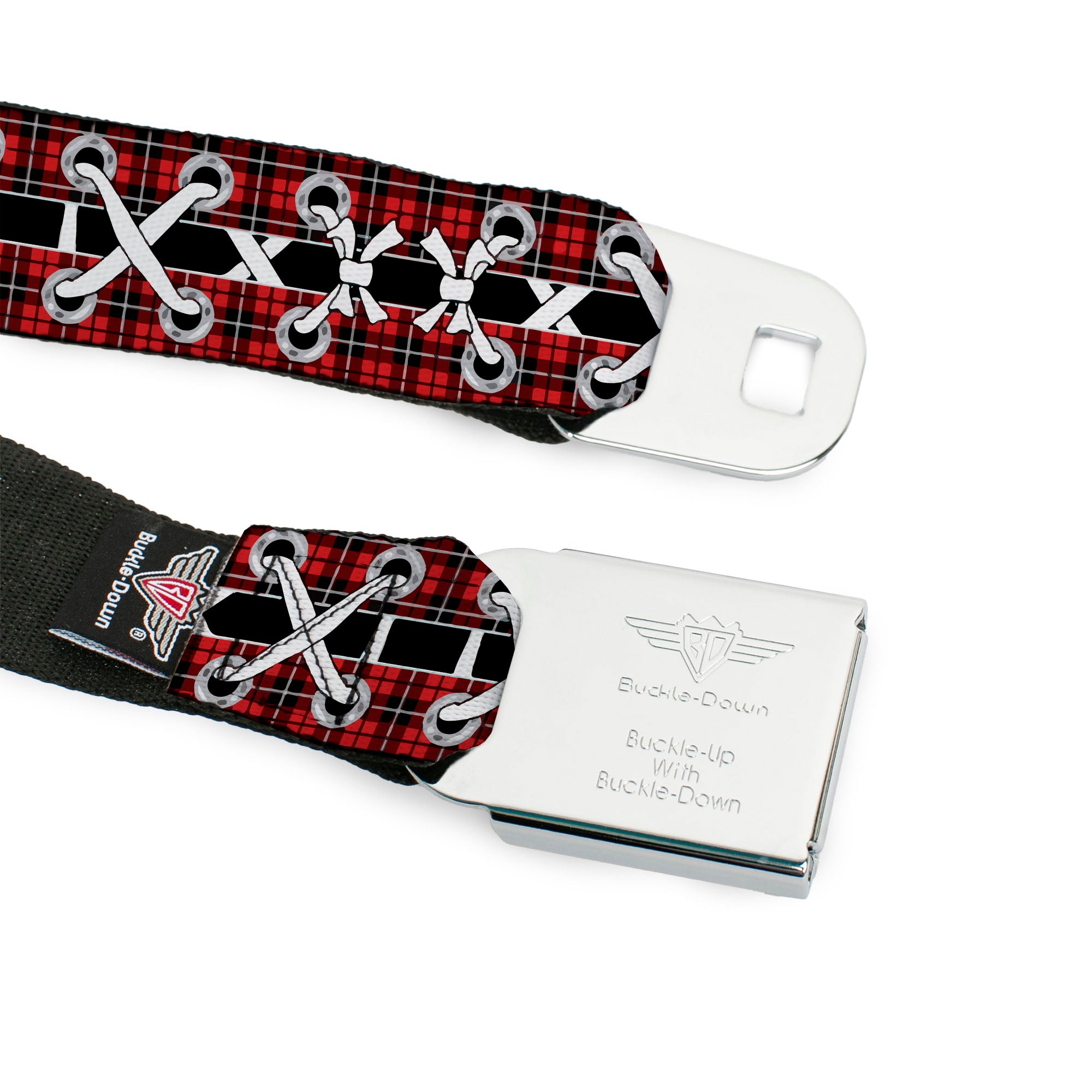 BD Wings Logo CLOSE-UP Full Color Black Silver Seatbelt Belt - Corset Lace Up Red Plaid/Black Webbing Seatbelt Belts Buckle-Down
