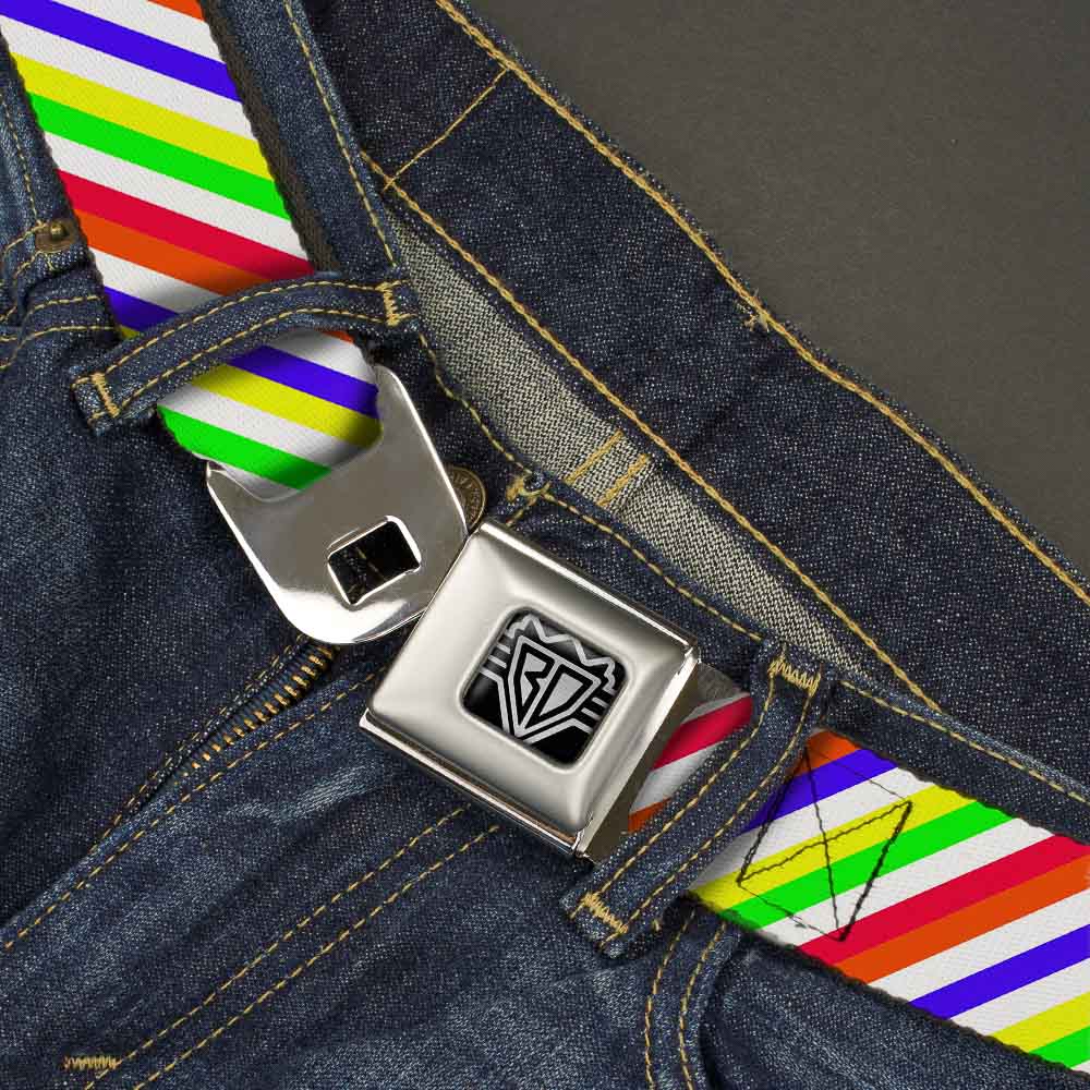 BD Wings Logo CLOSE-UP Full Color Black Silver Seatbelt Belt - Diagonal Stripes White/Multi Neon Webbing Seatbelt Belts Buckle-Down