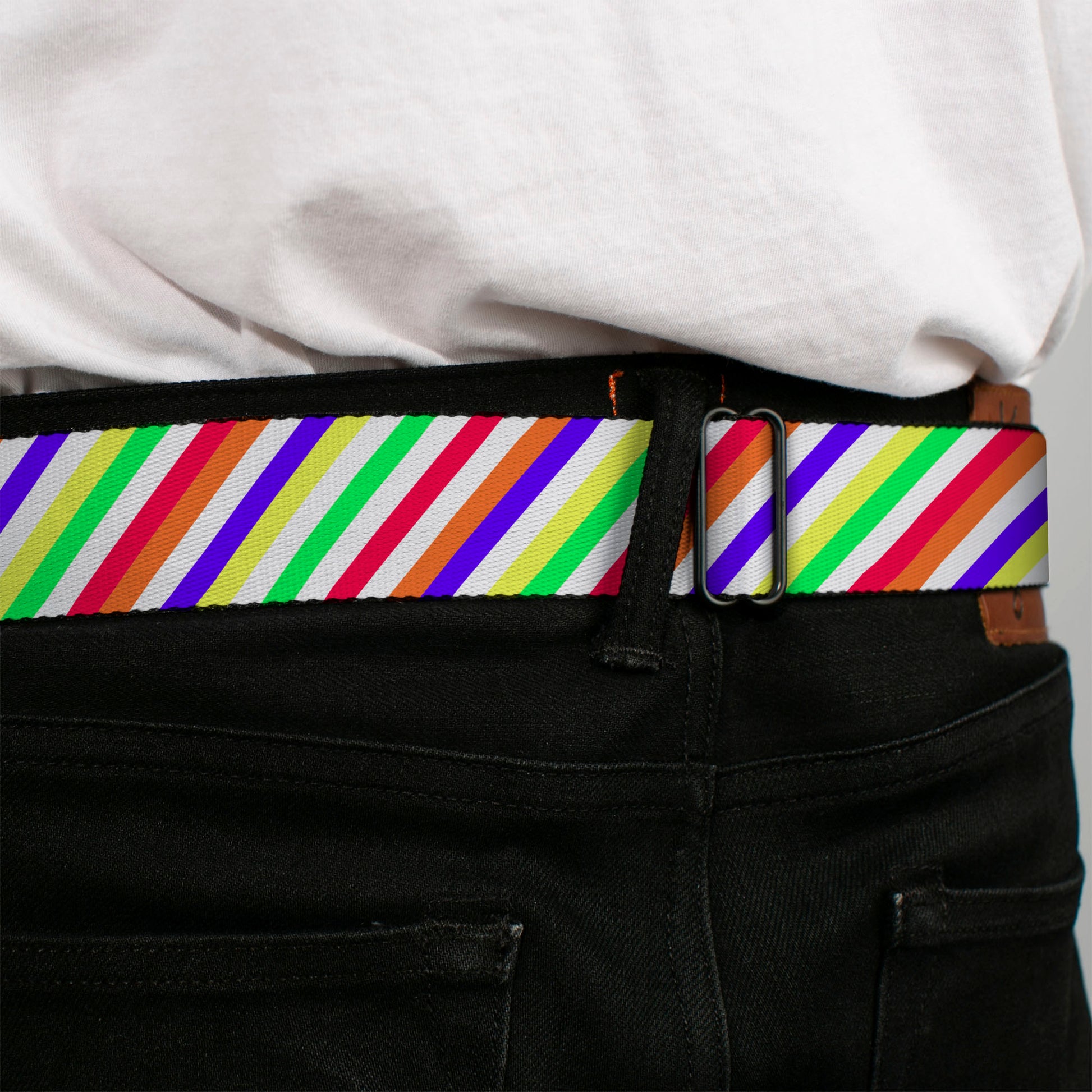 BD Wings Logo CLOSE-UP Full Color Black Silver Seatbelt Belt - Diagonal Stripes White/Multi Neon Webbing Seatbelt Belts Buckle-Down