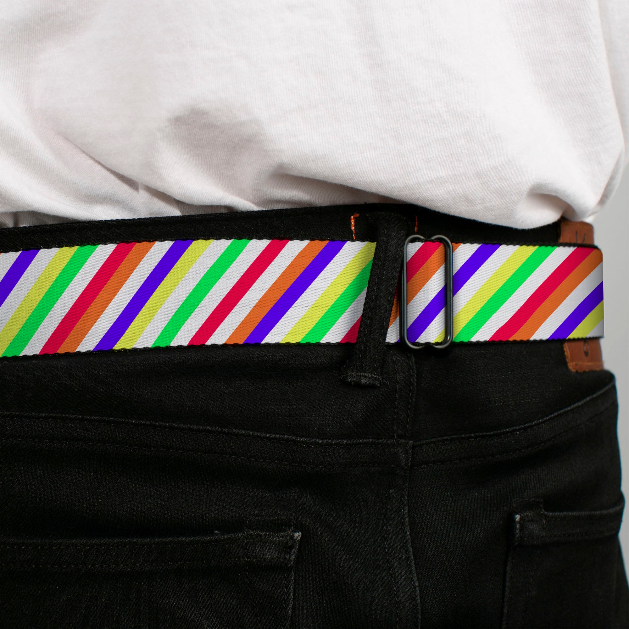 BD Wings Logo CLOSE-UP Full Color Black Silver Seatbelt Belt - Diagonal Stripes White/Multi Neon Webbing Seatbelt Belts Buckle-Down