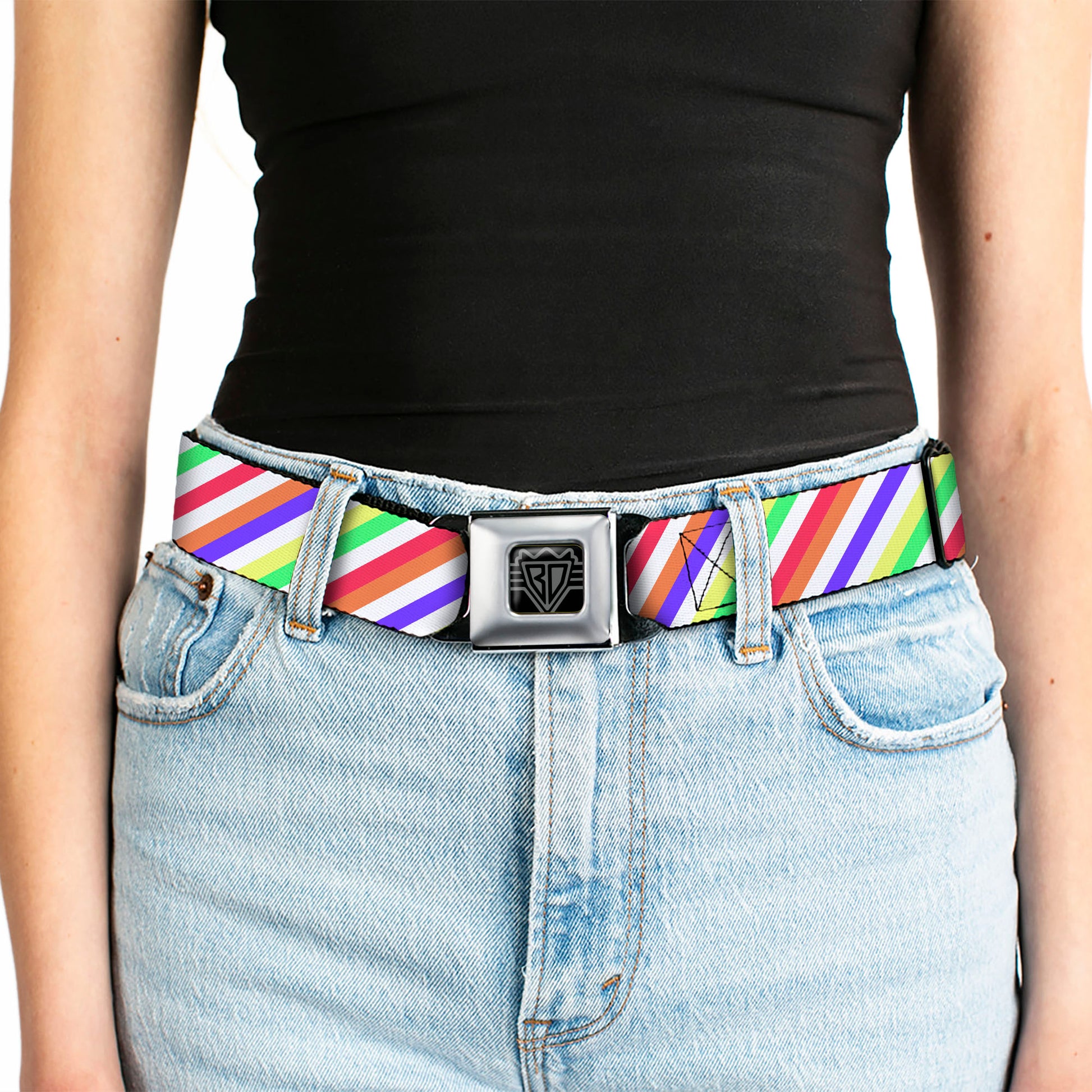 BD Wings Logo CLOSE-UP Full Color Black Silver Seatbelt Belt - Diagonal Stripes White/Multi Neon Webbing Seatbelt Belts Buckle-Down