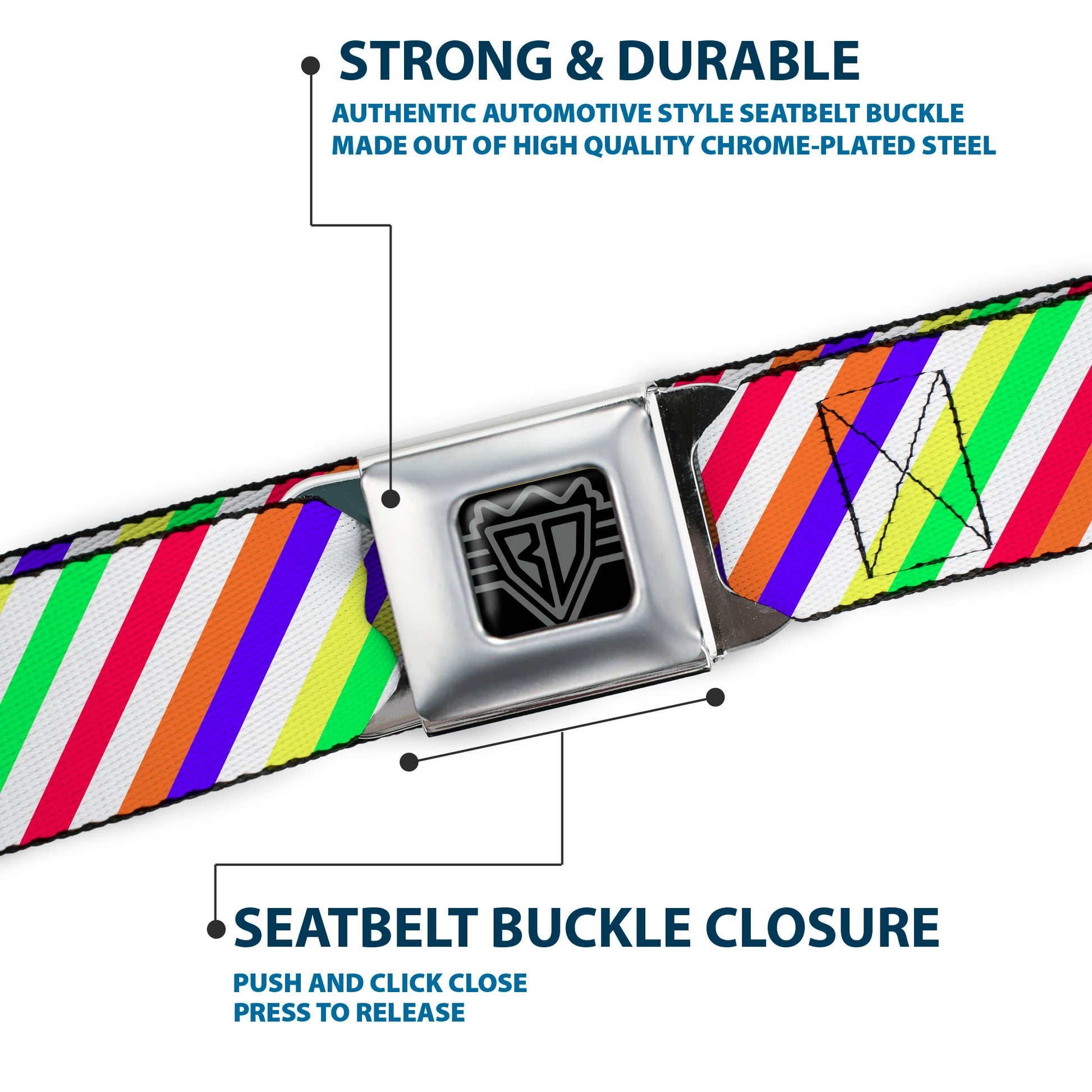 BD Wings Logo CLOSE-UP Full Color Black Silver Seatbelt Belt - Diagonal Stripes White/Multi Neon Webbing Seatbelt Belts Buckle-Down