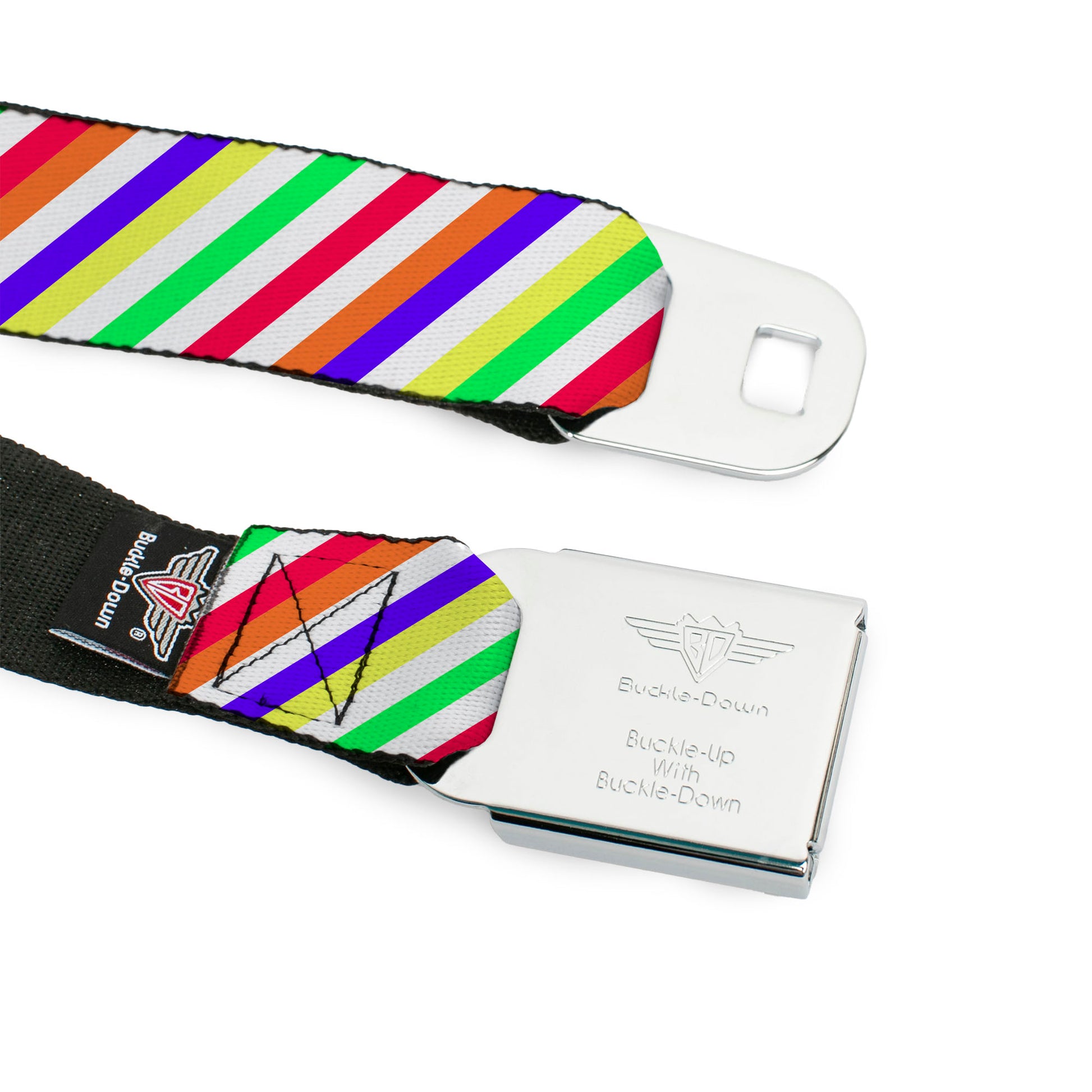 BD Wings Logo CLOSE-UP Full Color Black Silver Seatbelt Belt - Diagonal Stripes White/Multi Neon Webbing Seatbelt Belts Buckle-Down