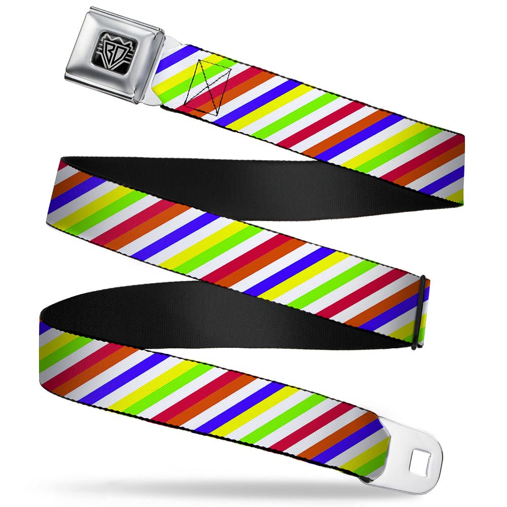 BD Wings Logo CLOSE-UP Full Color Black Silver Seatbelt Belt - Diagonal Stripes White/Multi Neon Webbing Seatbelt Belts Buckle-Down
