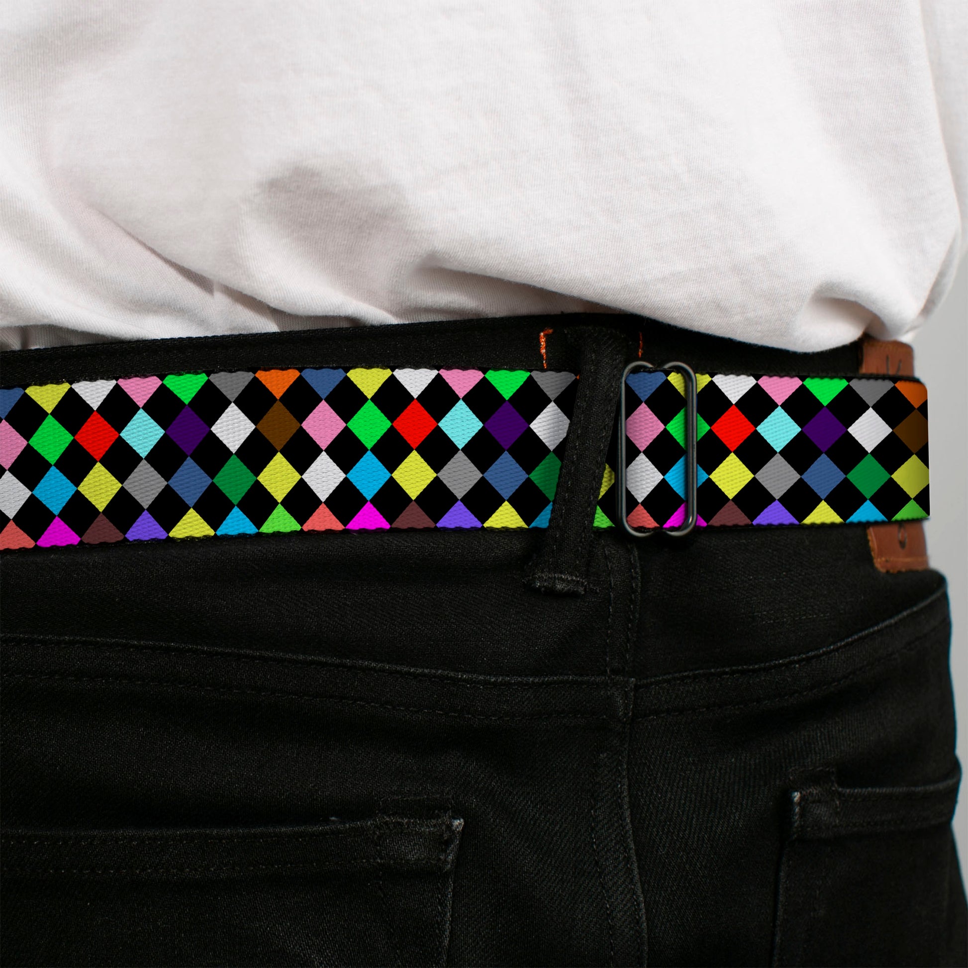 BD Wings Logo CLOSE-UP Full Color Black Silver Seatbelt Belt - Diamonds Black/Multi Color Webbing Seatbelt Belts Buckle-Down