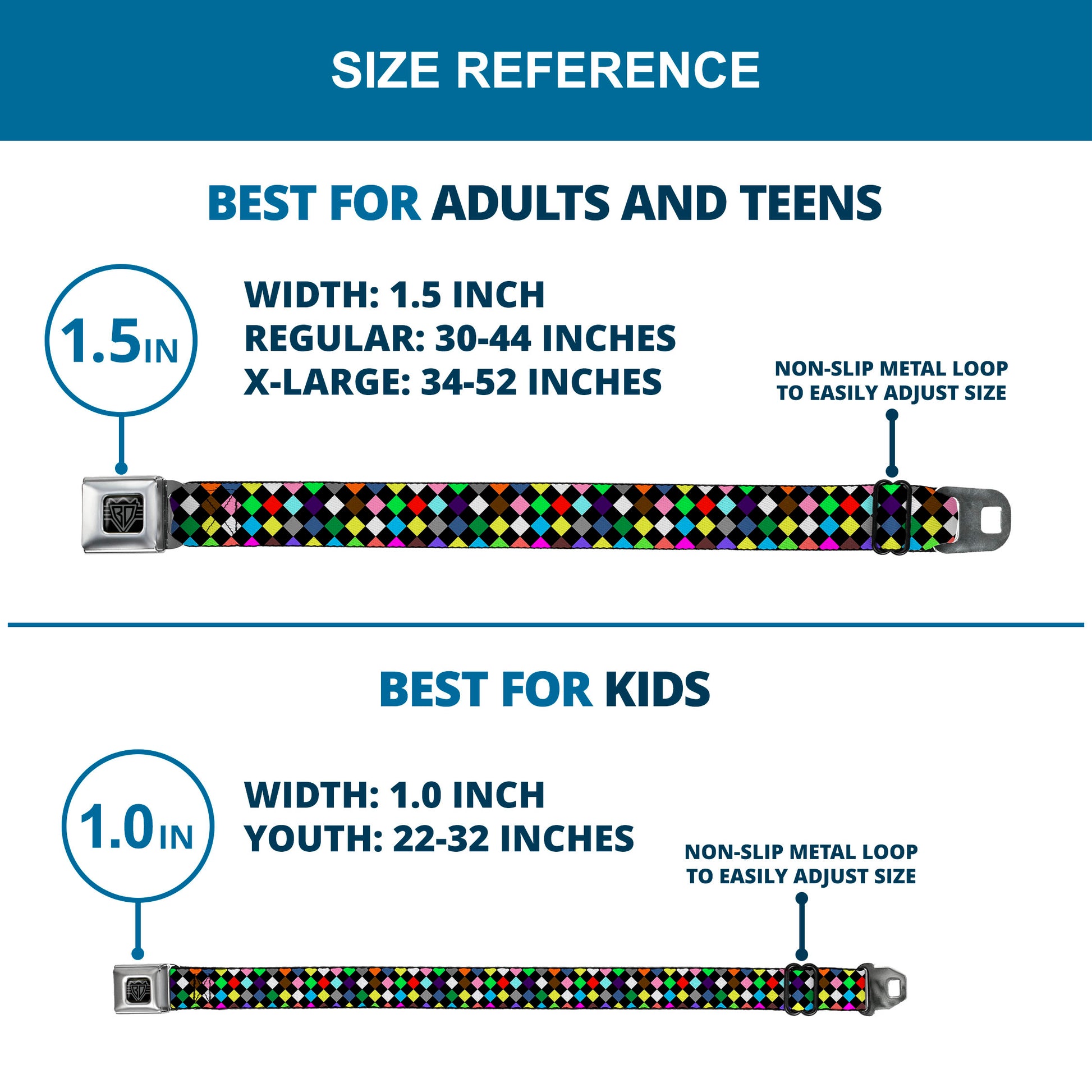 BD Wings Logo CLOSE-UP Full Color Black Silver Seatbelt Belt - Diamonds Black/Multi Color Webbing Seatbelt Belts Buckle-Down