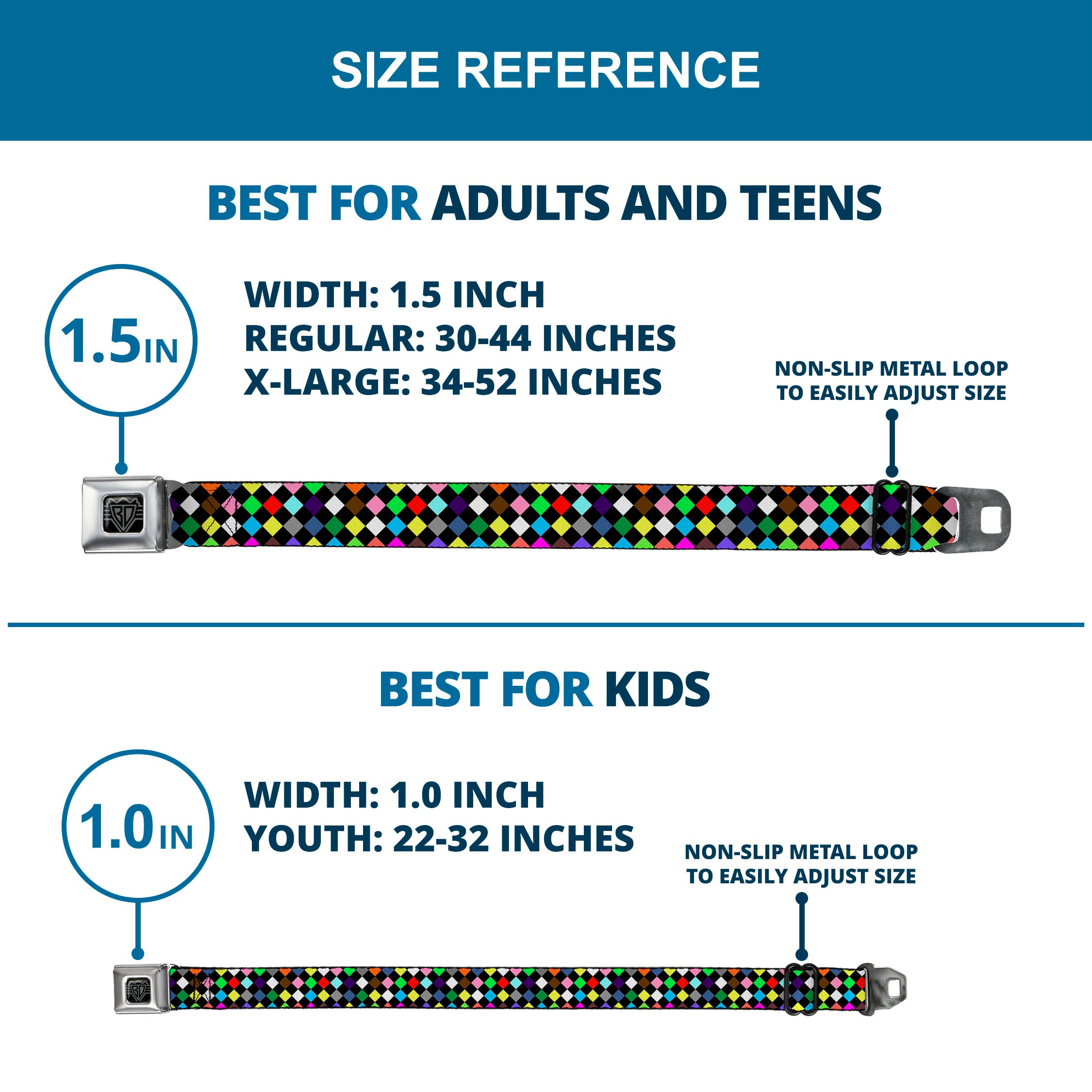 BD Wings Logo CLOSE-UP Full Color Black Silver Seatbelt Belt - Diamonds Black/Multi Color Webbing Seatbelt Belts Buckle-Down