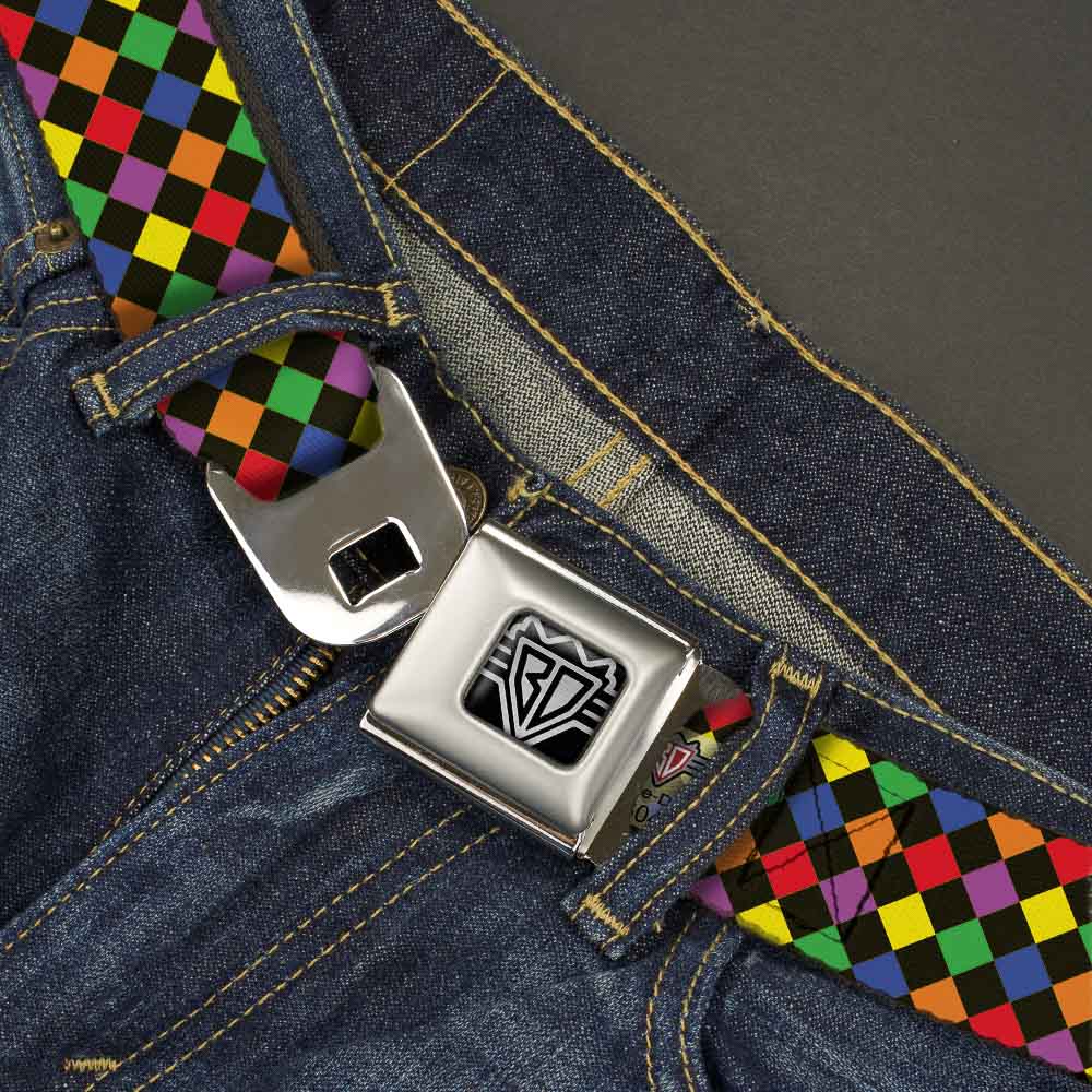 BD Wings Logo CLOSE-UP Full Color Black Silver Seatbelt Belt - Diamonds Black/Multi Neon Webbing Seatbelt Belts Buckle-Down