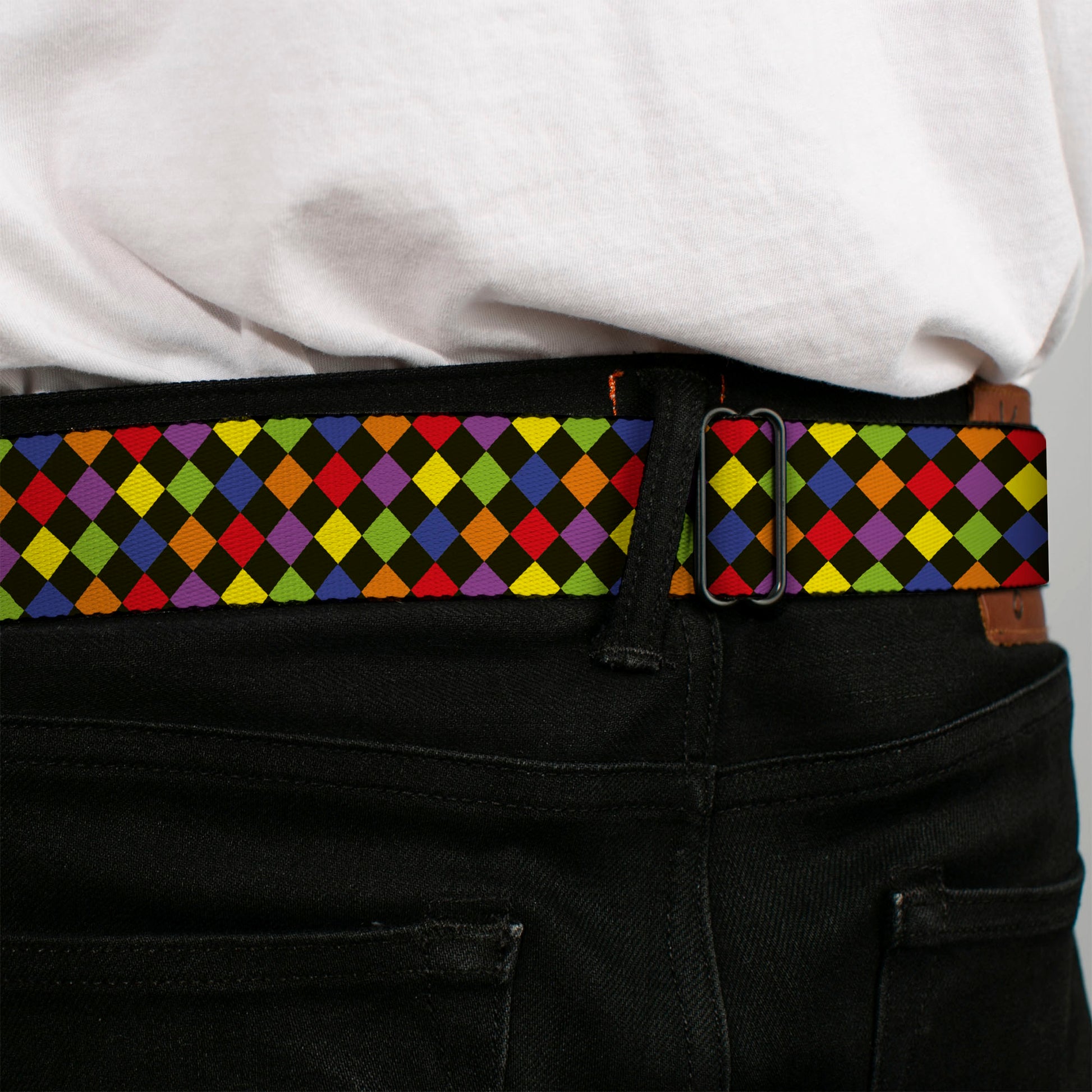 BD Wings Logo CLOSE-UP Full Color Black Silver Seatbelt Belt - Diamonds Black/Multi Neon Webbing Seatbelt Belts Buckle-Down