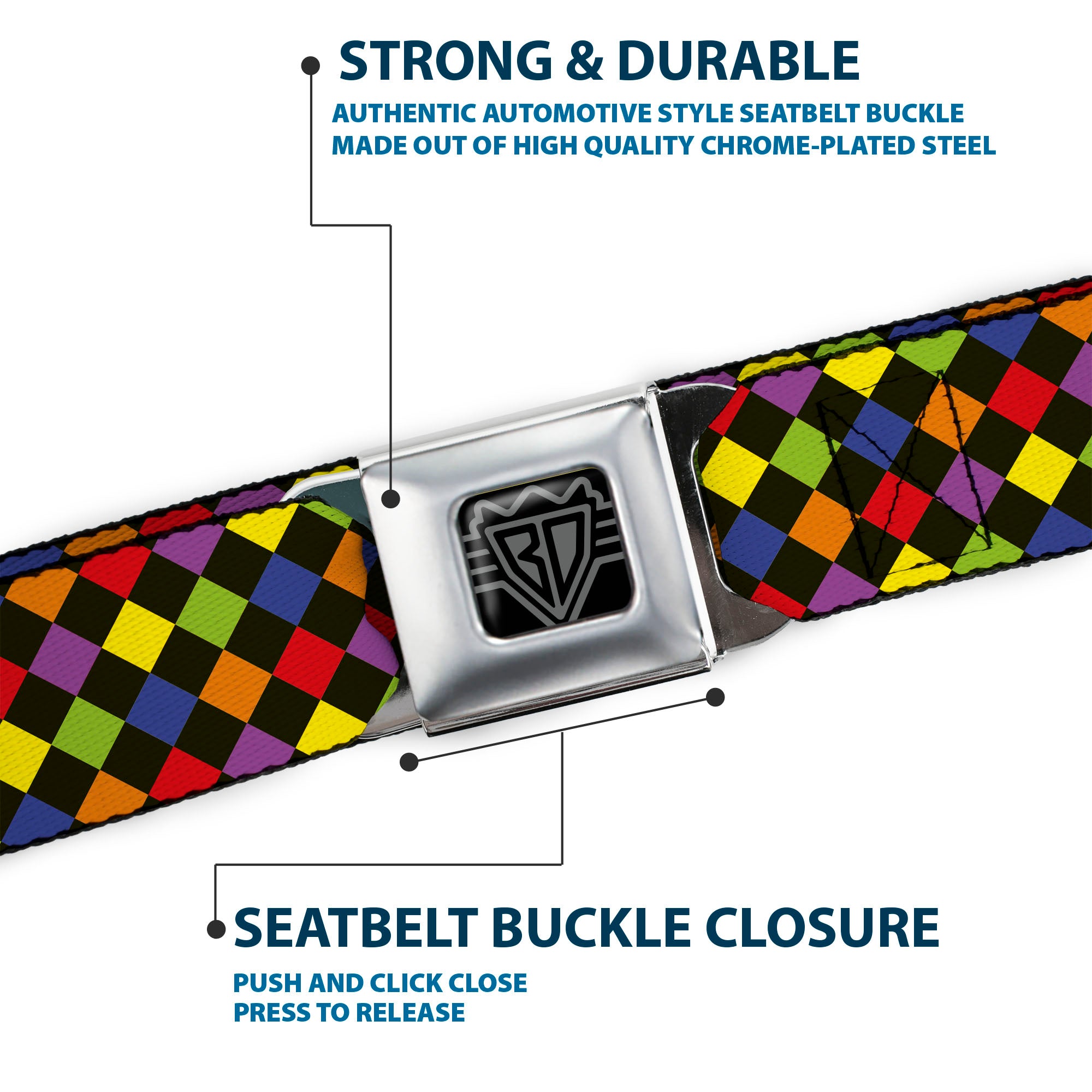 BD Wings Logo CLOSE-UP Full Color Black Silver Seatbelt Belt - Diamonds Black/Multi Neon Webbing Seatbelt Belts Buckle-Down
