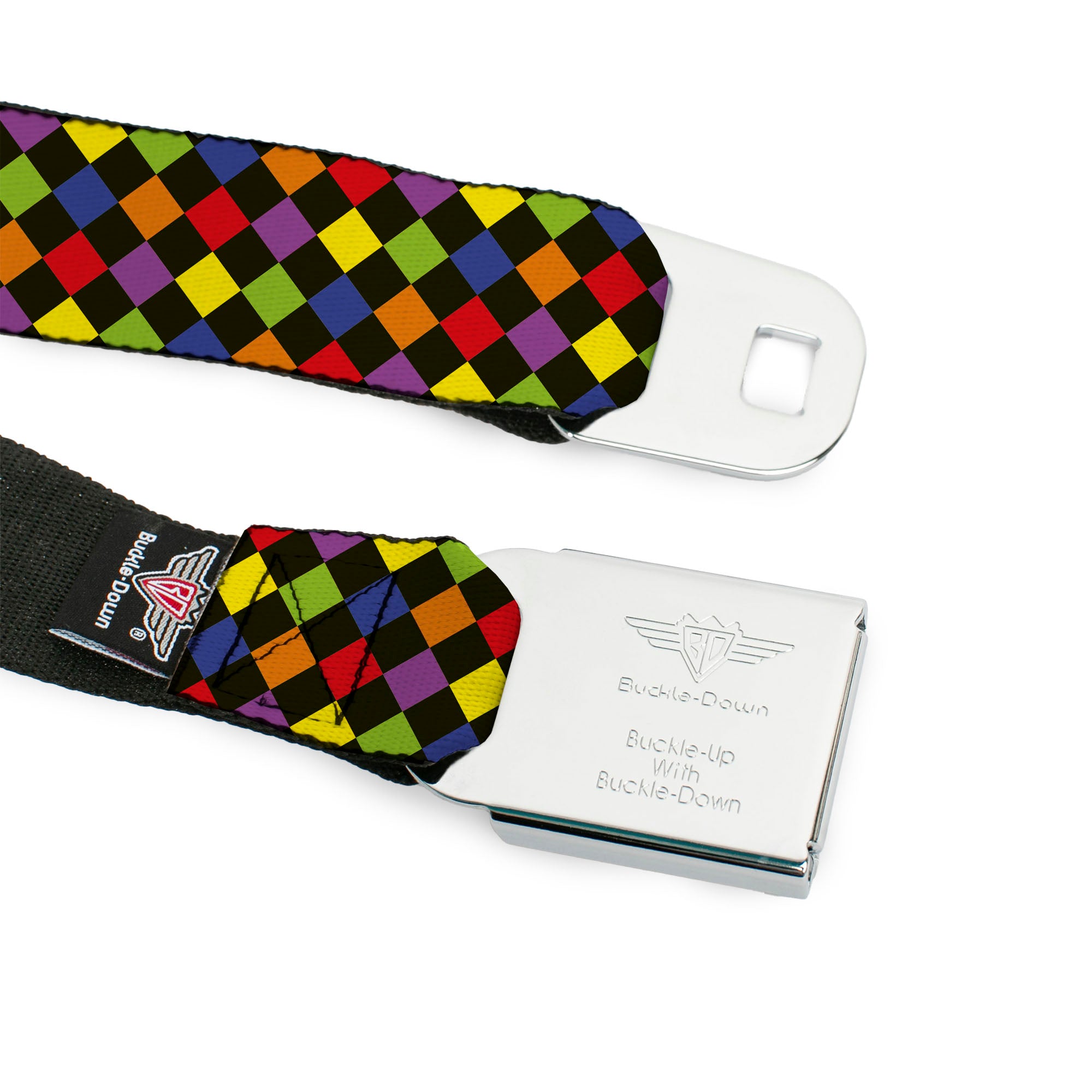 BD Wings Logo CLOSE-UP Full Color Black Silver Seatbelt Belt - Diamonds Black/Multi Neon Webbing Seatbelt Belts Buckle-Down
